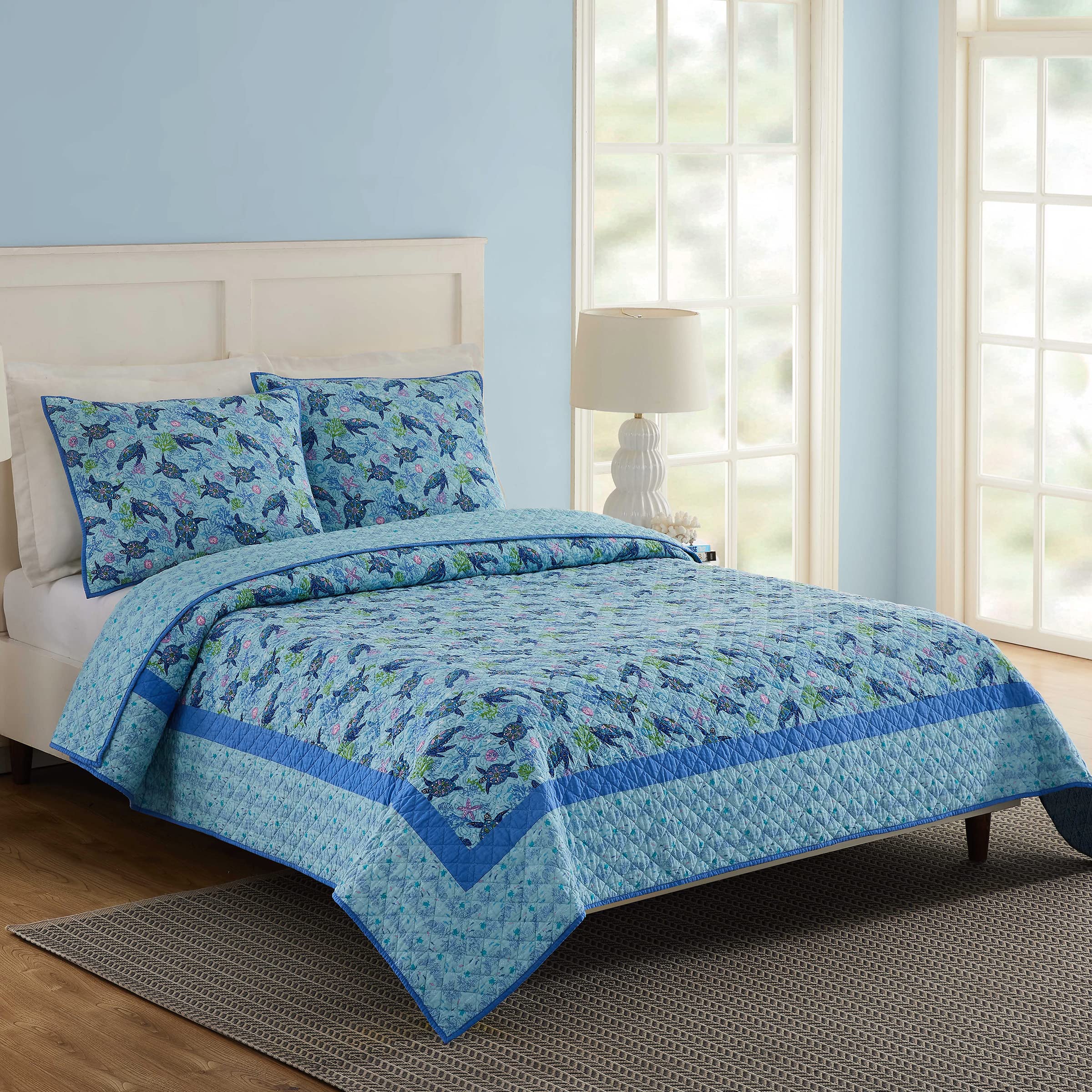 Vera Bradley Turtle Dream Reversible Quilt Set - Full/Queen Size Blue Floral Bedding - Perfect for Guest Rooms, Dorm Decor & Cozy Bedroom Makeovers