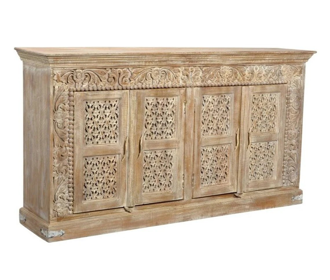 Hand Carved Solid Wood Buffet Table - Antique Indian Style 4-Door Sideboard Cabinet for Dining Room Storage & Kitchen Organization
