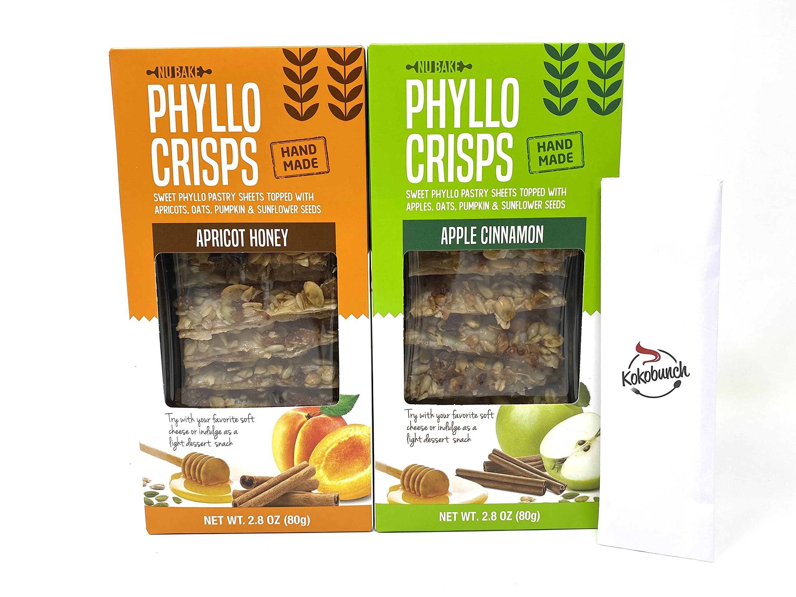 Nu Bake Phyllo Crisps Pastry Dough Sheets - Apricot Honey & Apple Cinnamon Variety Pack (2.8oz, 2-Pack) | Crispy Snack for Parties, Desserts & Healthy Eating