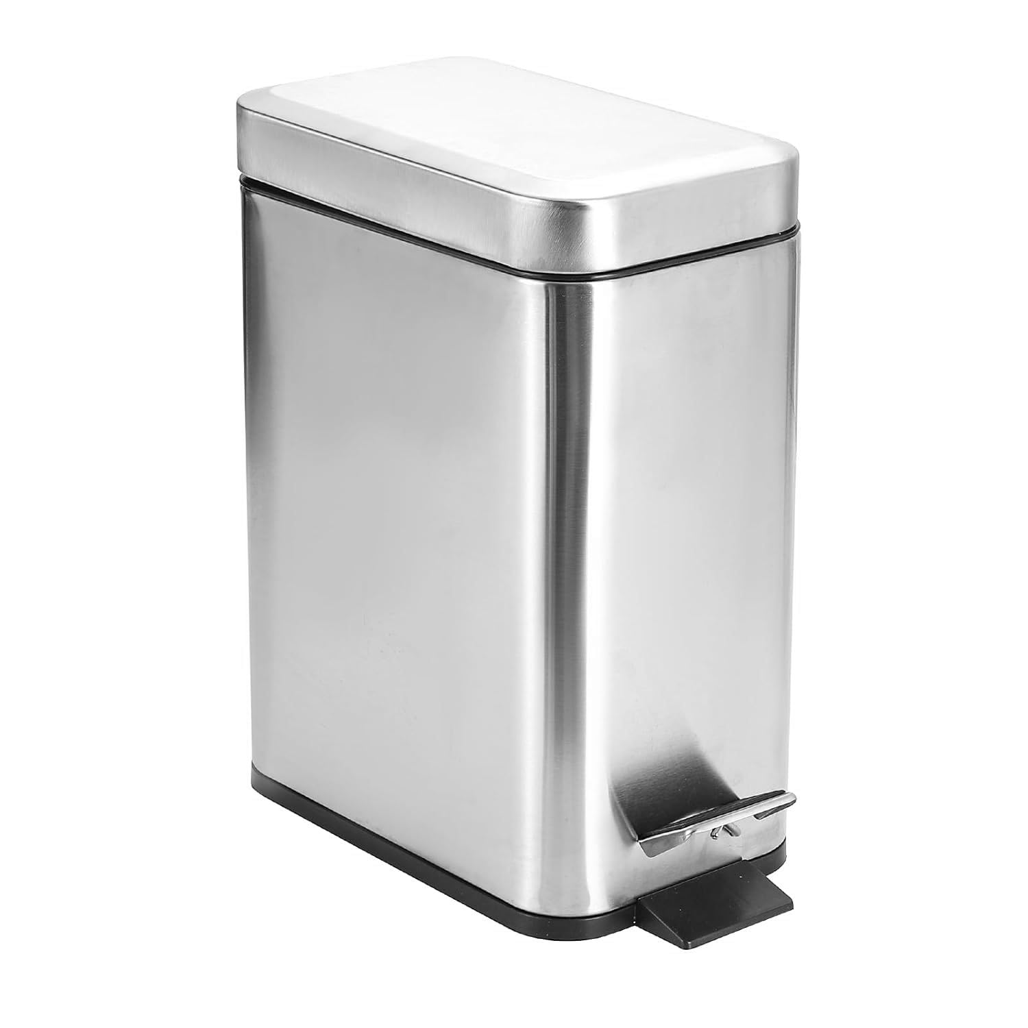 Stainless Steel Rectangular Trash Can with Lid - 5L Small Slim Step Pedal Garbage Bin, 1.3 Gallon Dog Proof Waste Basket for Bathroom, Bedroom, Kitchen & Office - Soft Close, Silver | Space Saving & Odor Control Solution
