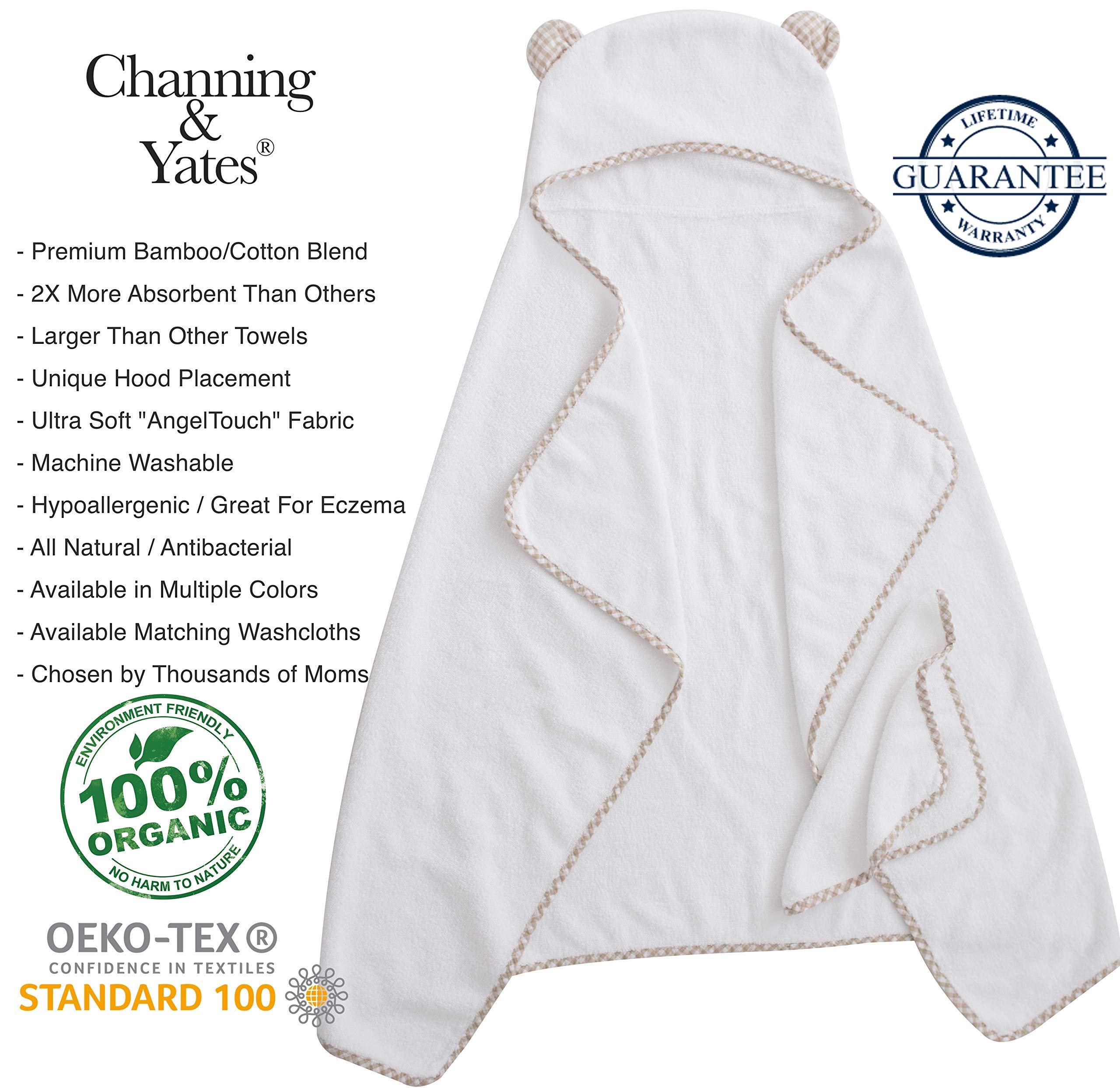 Channing & Yates Premium Organic Baby Towel Set - Ultra Soft Viscose Bamboo Hooded Bath Towel & Washcloth for Newborns & Toddlers - Gender Neutral Baby Shower Gift (Beige/White) - Perfect for Bath Time, Swimming & Spa Days