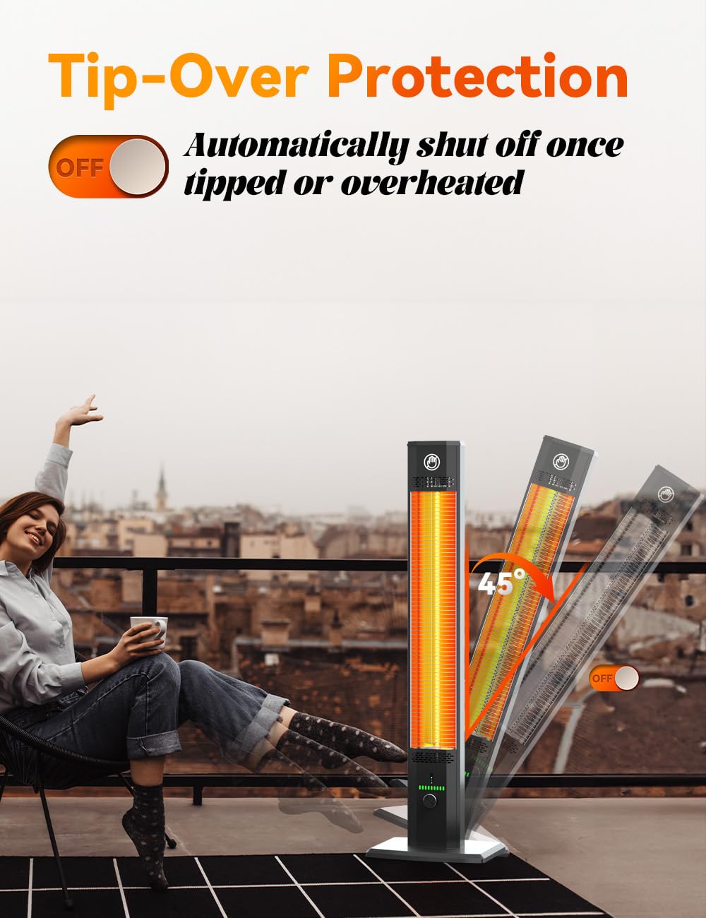 BALKO 42 Inch Outdoor Infrared Heater with 9 Heat Levels & 540 Min Timer - 1500W Patio Heater with Child Safety Lock, IP65 Waterproof, Tip-Over & Overheat Protection - Perfect for Garage, Deck, Backyard, and Indoor Use