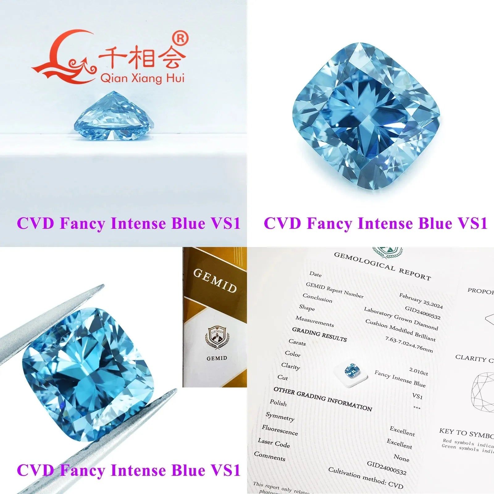 1.6ct & 2ct CVD Lab Grown Diamond - Fancy Vivid Aqua Blue, VS1 Clarity, Cushion Cut, GEMID Certified Loose Stone for Engagement Rings & Fine Jewelry