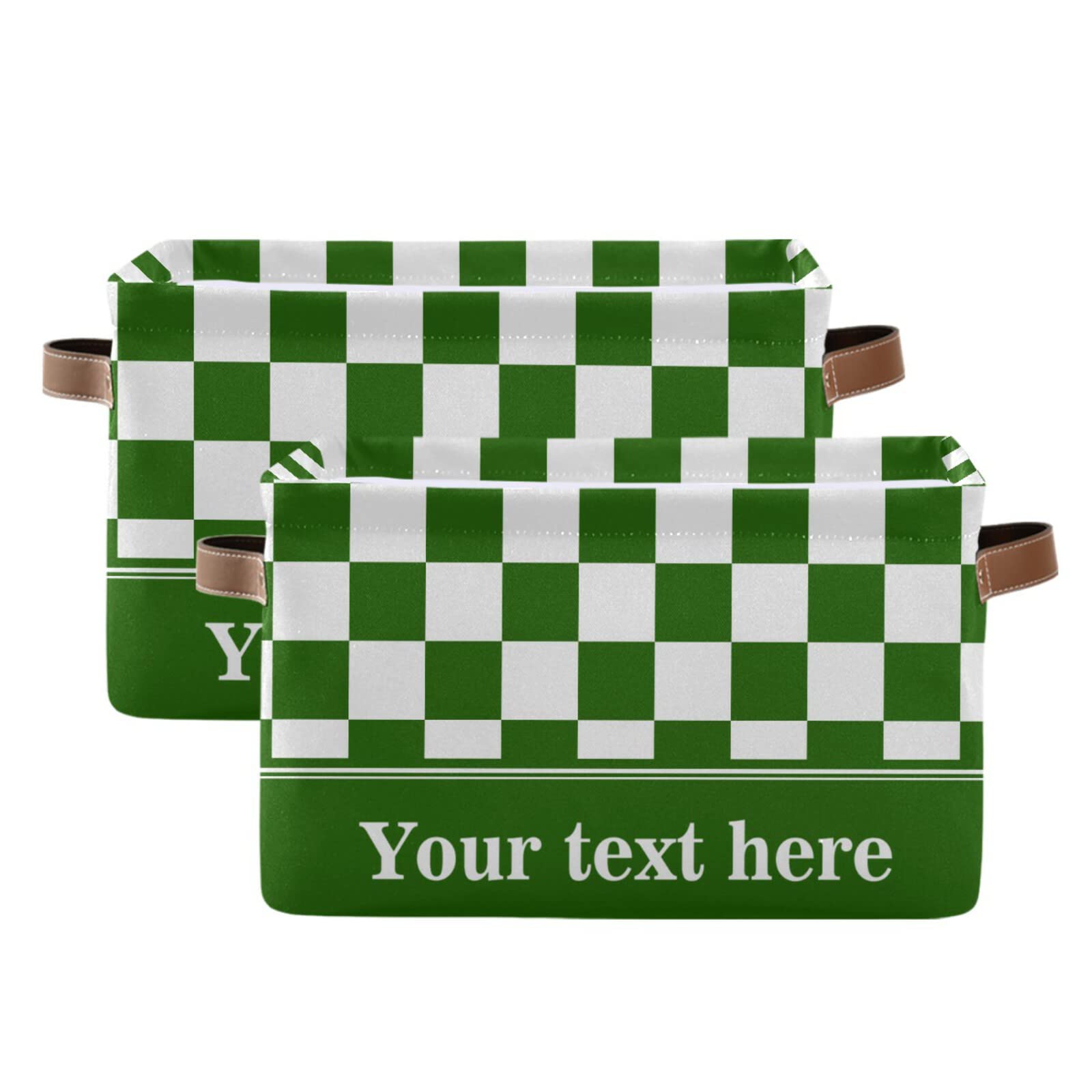 Checkerboard White Green Plaid Storage Basket - Collapsible Rectangular Bin with Leather Handles - Nursery, Closet & Home Organization - Perfect for Baby Clothes, Toys & Blanket Storage