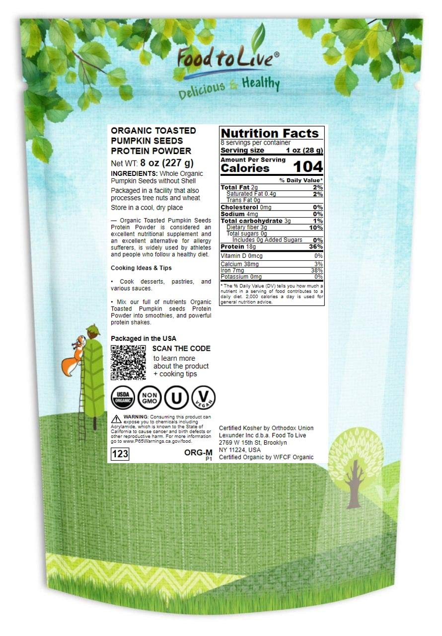 Organic Toasted Pumpkin Seeds Protein Powder - 8oz, 60% Protein, Non-GMO, Vegan, Kosher | Pure Plant-Based Superfood for Baking, Smoothies & Protein Shakes | Perfect for Healthy Snacks, Post-Workout Recovery & Vegan Recipes