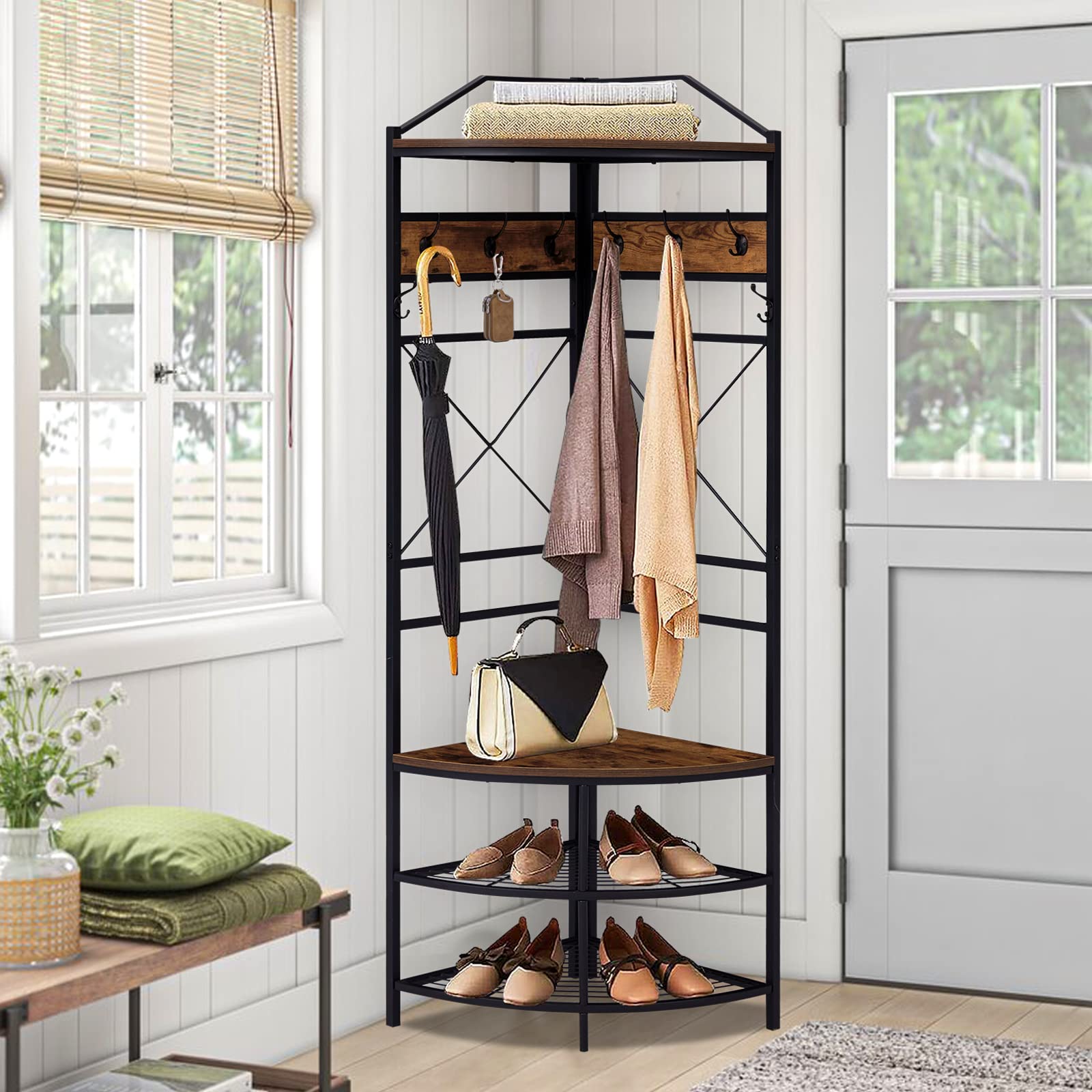 Rustic Brown Corner Hall Tree with Shoe Bench - Freestanding Entryway Coat Rack with 8 Double Hooks & Storage Shelf - Multifunctional Hallway Organizer for Coats, Shoes, Bags & Accessories - Perfect for Small Spaces, Apartments & Mudrooms