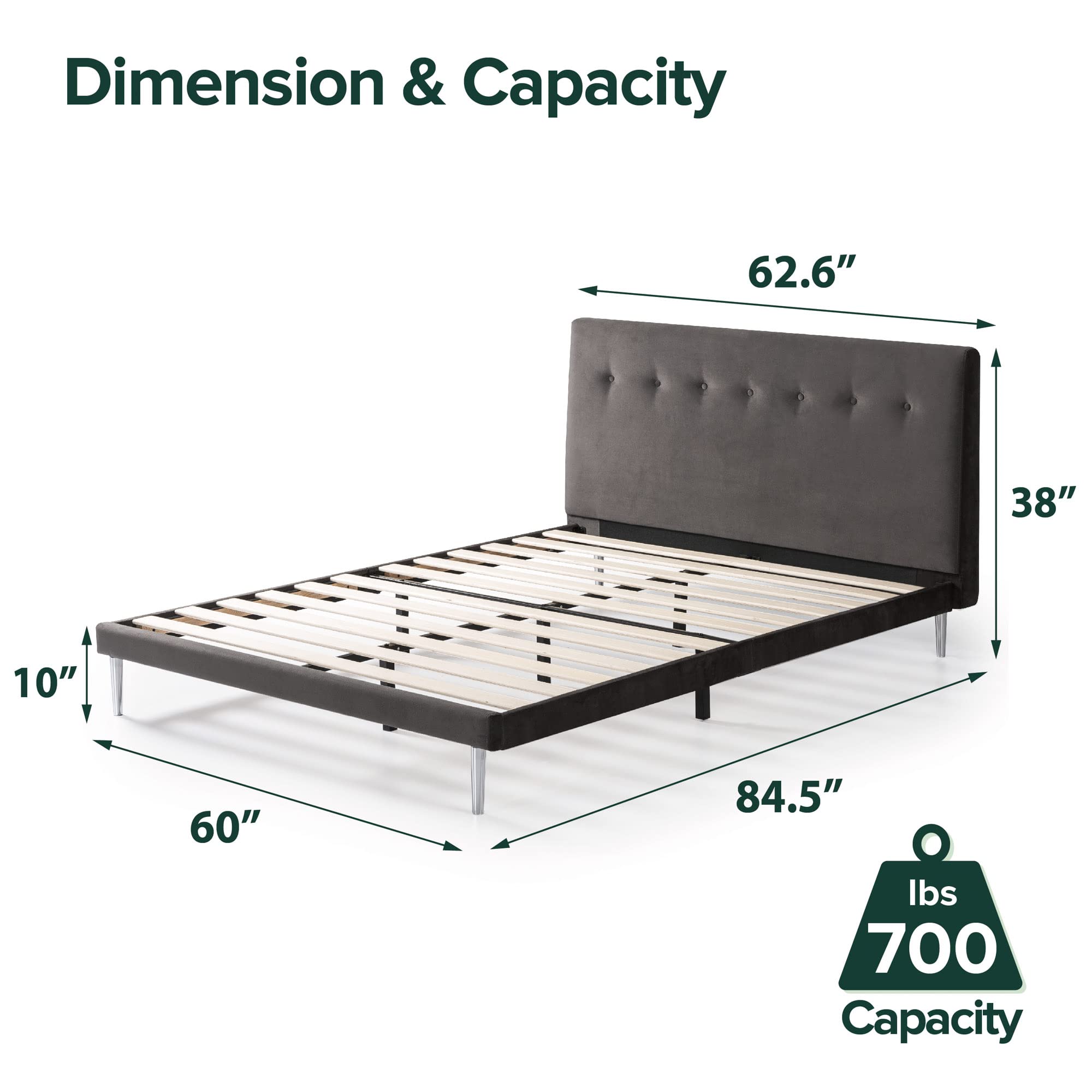 ZINUS Taylor Velvet Upholstered Platform Bed Frame - Queen Size Charcoal Velvet Bed with No Box Spring Needed | Easy Assembly | Modern Bedroom Furniture for Master & Guest Rooms