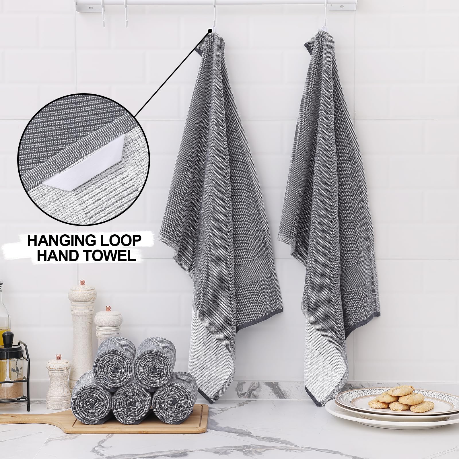 Homaxy Premium Kitchen Towels Set - 6 Pack Large Absorbent Cotton Dish Towels (18x28 Inches, 380 GSM) with Hanging Loop - Grey Flat & Terry Tea Towels for Cooking, Cleaning & Drying Dishes