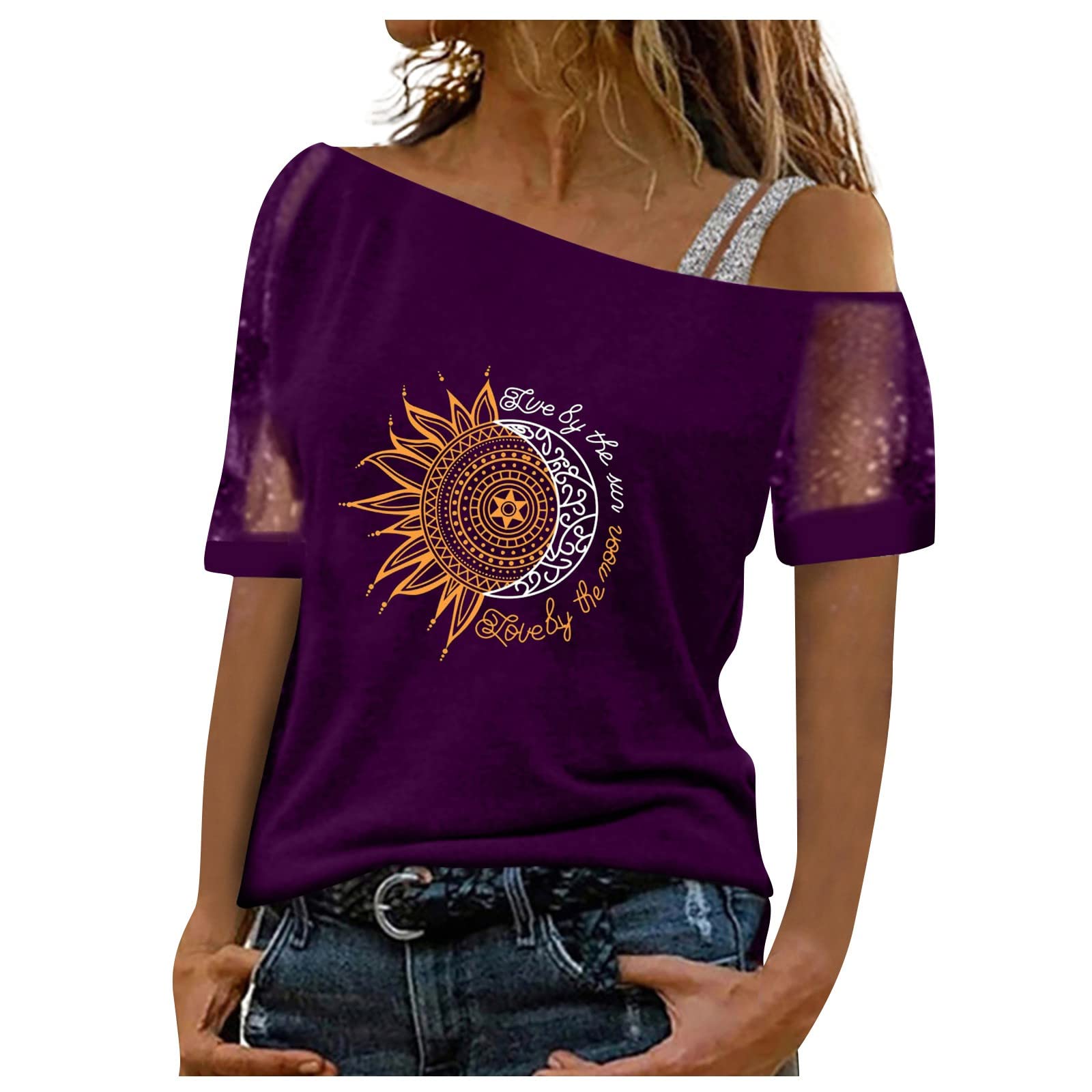 Women's Short Sleeve Printed T-Shirt - Sexy Off Shoulder Graphic Blouse Top for Casual Wear & Summer Outfits