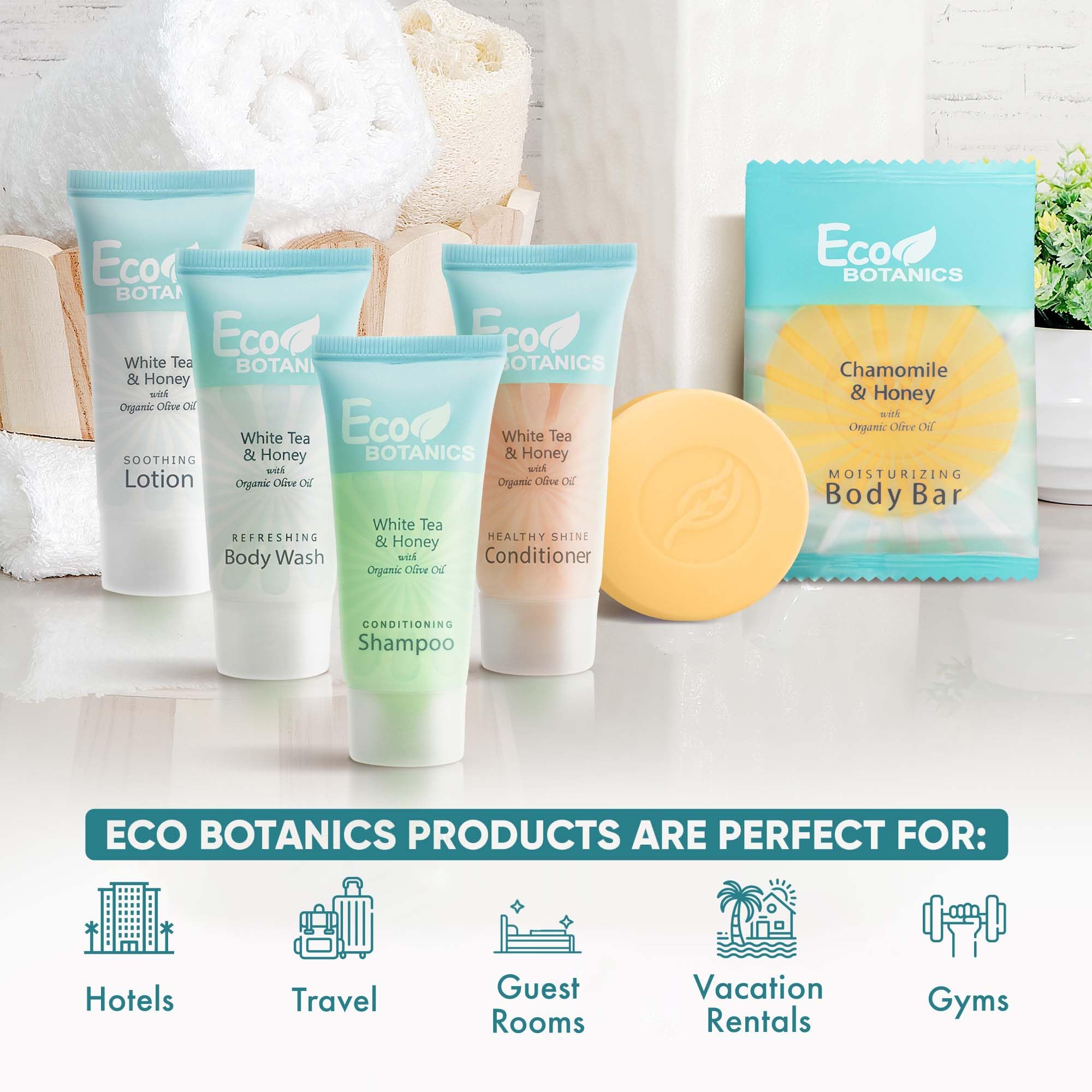 Eco Botanics Bulk Hotel Soap & Toiletries Set - 150 Piece Travel Size Amenities Kit with 0.85oz Shampoo, Conditioner, Body Wash, Lotion & 0.89oz Bar Soap - Perfect for Hotels, Spas, Airbnb & Travel Essentials