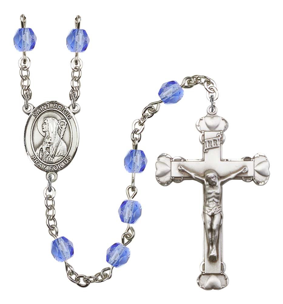 6mm Sapphire Fire Polished Beads Silver Rosary with 1 5/8 x 1 Crucifix & St. Brigid Medal - Perfect for Catholic Prayer, Religious Gifts, and Spiritual Devotion