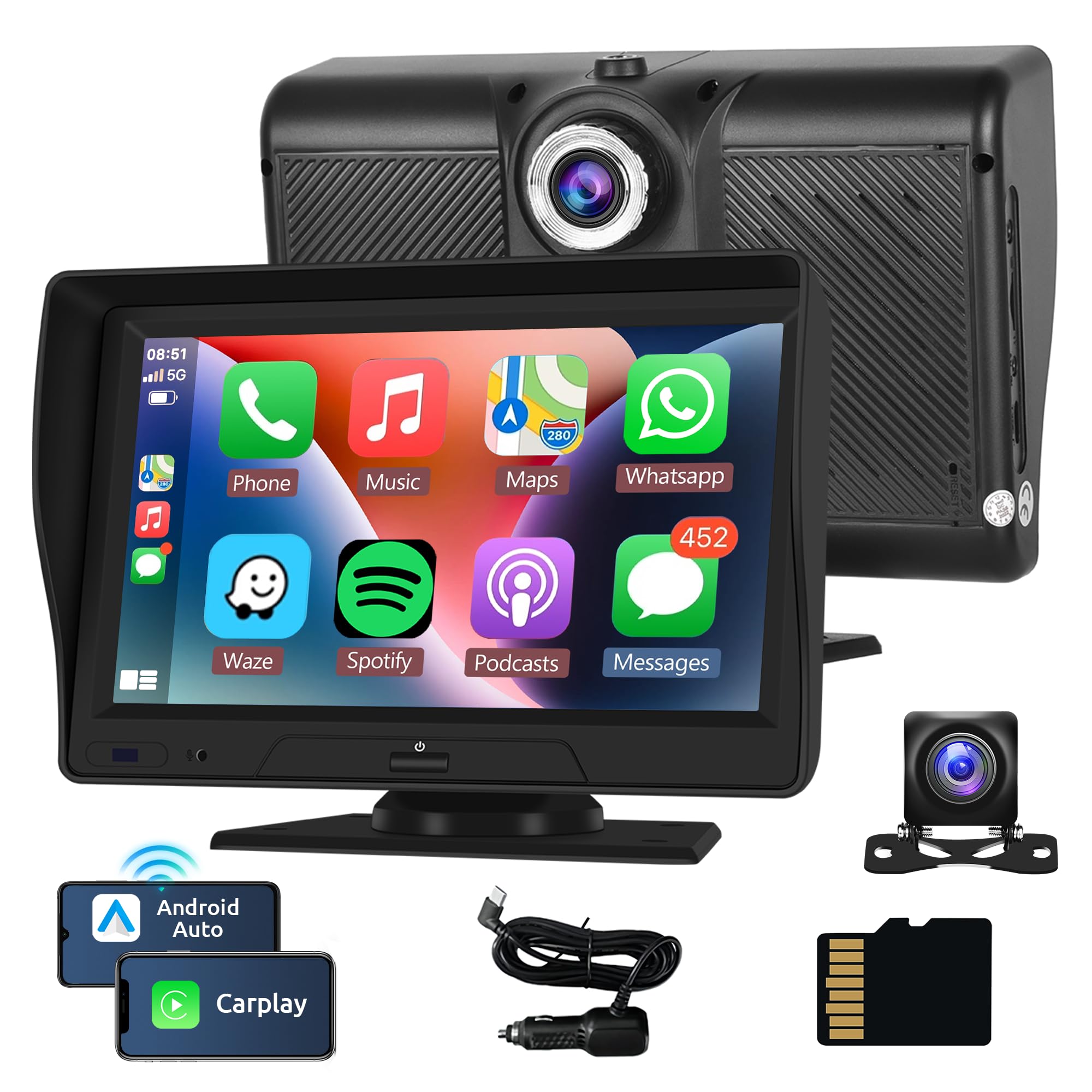 Rimoody 7'' Wireless CarPlay Screen with Dash Cam - Portable Car Stereo for Android Auto, Bluetooth, Touch Screen, Backup Camera, Voice Control & FM Transmission - Perfect for Road Trips & Hands-Free Driving