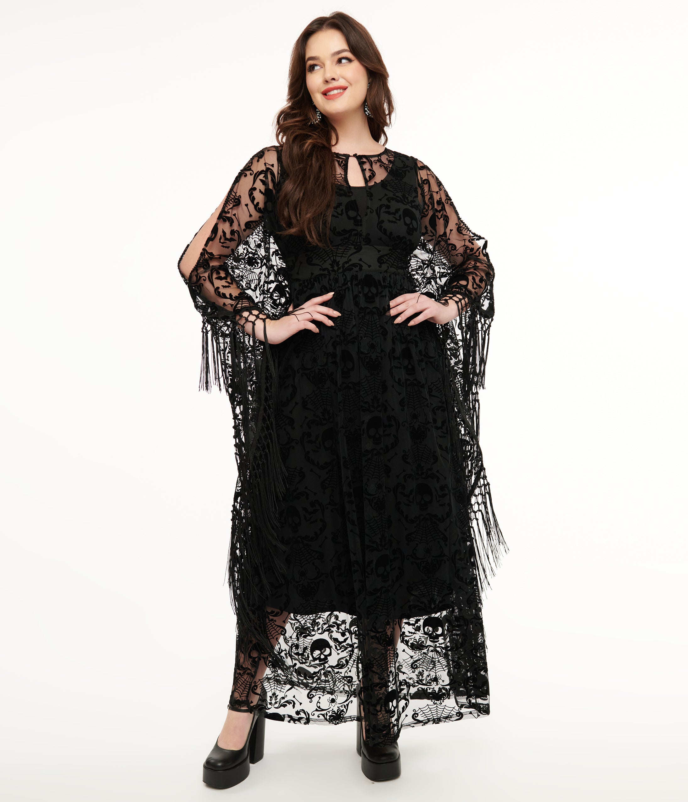 Vintage 1960s Black Baroque Skull Burnout Fringe Flutter Sleeve Caftan Dress - Gothic Boho Maxi Dress for Halloween Party, Steampunk Costume or Retro Fashion Show
