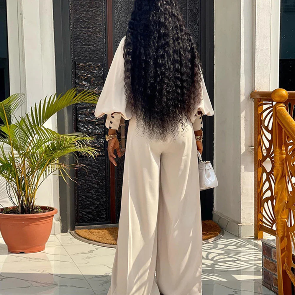 Women's Plus Size Loose Elegant Half High Neck Long Sleeve Top & Wide Leg Pants Casual Two Piece Set - Perfect for Autumn Outfits, Office Wear & Weekend Brunch