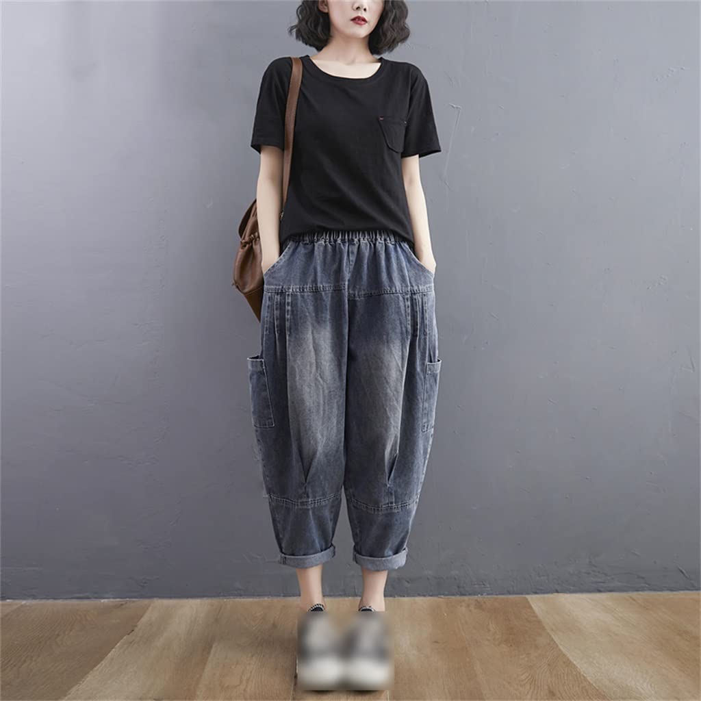 Women's Hip Hop Street Fashion Jeans - Loose Baggy Cotton Bleached Harem Pants with Elastic Waist (XL) | Spring Casual Wear, Street Style Outfit, Urban Fashion for Women