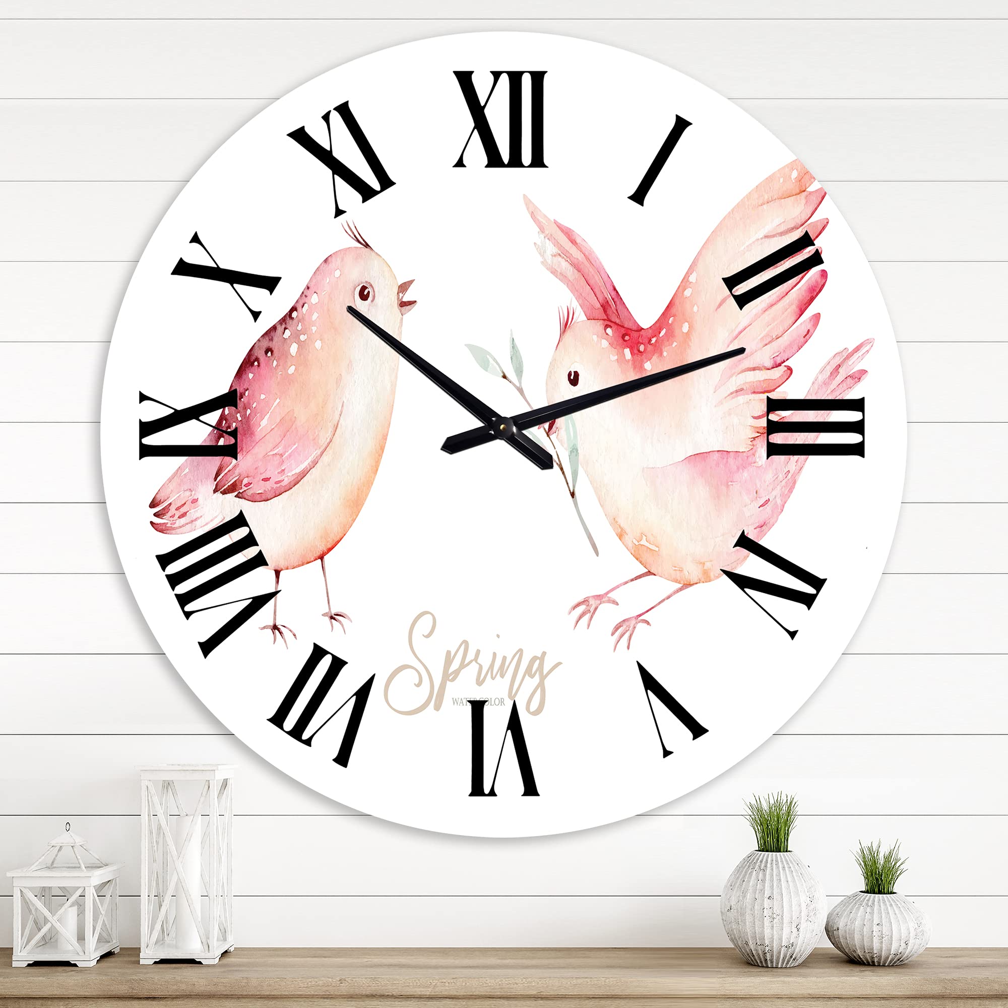 DesignQ Traditional Wall Clock - Spring Bird on Blooming Branch with Green Leaves, Large Decorative Clock for Living Room, Bedroom & Office | Silent Non-Ticking, Perfect for Home & Office Décor