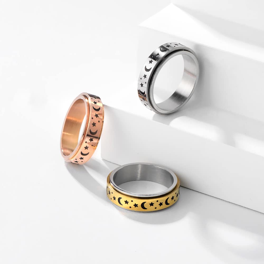 18K Gold Plated Anxiety Spinner Ring for Women & Men - 6mm Moon Star Titanium Steel Fidget Ring (Size 6-11) | Stress Relief, Focus Aid & Sensory Toy for ADHD, Anxiety & Office Work