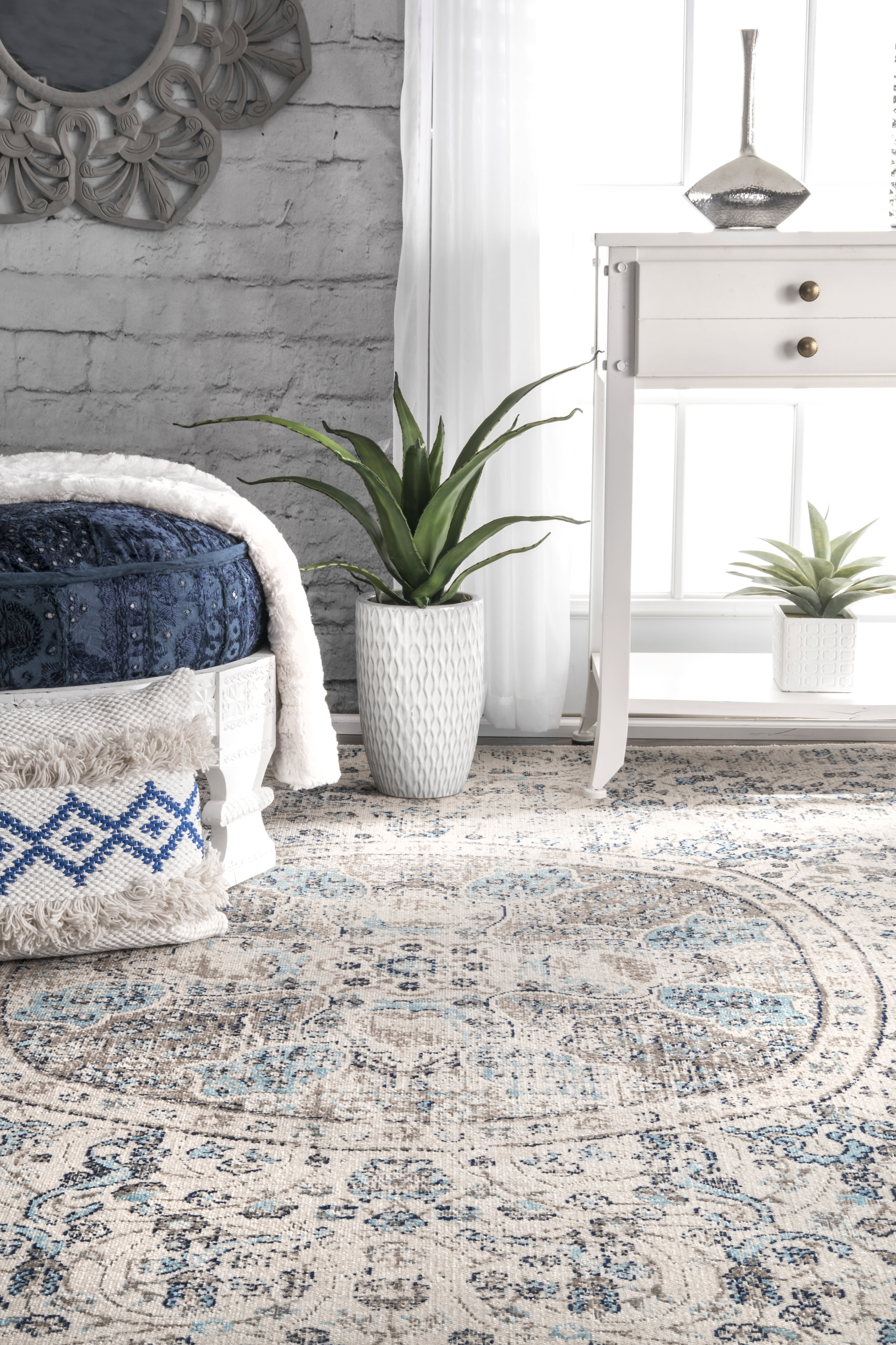 Floral Mandala Area Rug | Beige Bohemian Decor Rug for Living Room, Bedroom, Yoga & Meditation Space