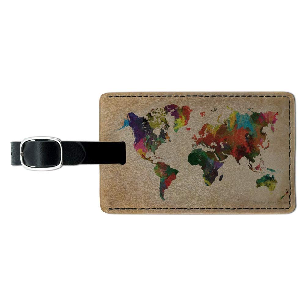 Colorful Rainbow World Map Leather Luggage Tag - Rectangle ID Card Holder for Passport, Suitcase & Travel Bags - Perfect for Travelers, Backpacks & Vacation Accessories