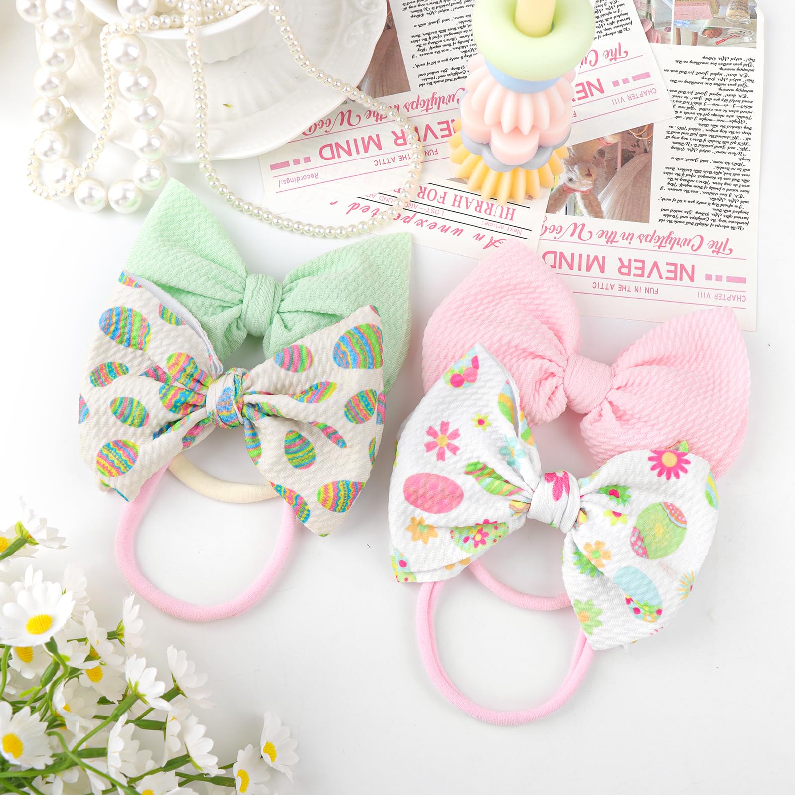 Easter Bunny Ears Headbands for Toddler Girls - 4 Pack Cute Rabbit Hair Bows with Egg Designs - Perfect Easter Gifts for Baby Girls & Infants - Great for Easter Egg Hunts, Church Services, and Spring Photoshoots