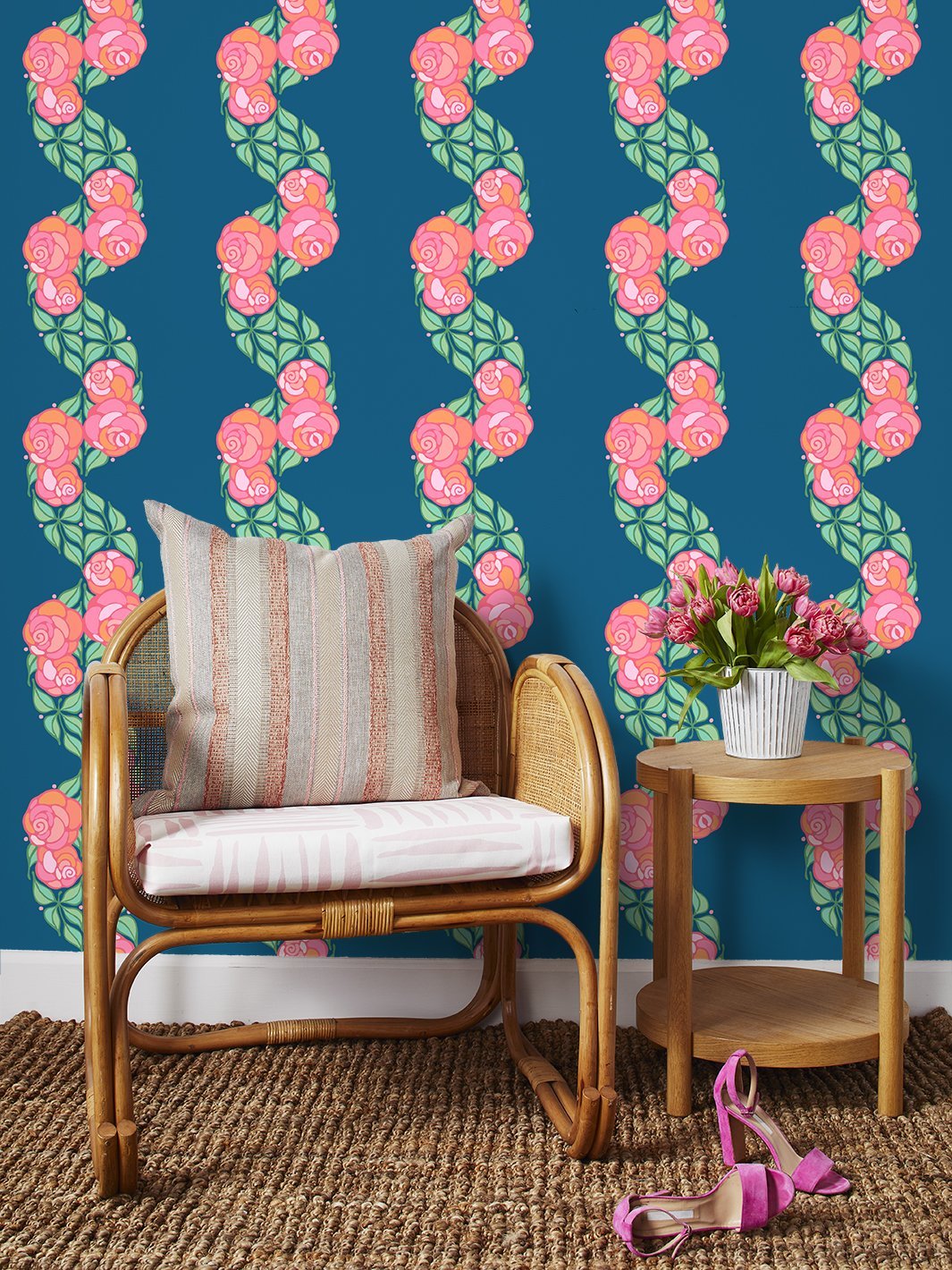Barbie™ Groovy Floral Stripe Wallpaper - Cadet Blue | Self-Adhesive Peel & Stick Wallpaper for Bedroom, Nursery, or Home Office Decor