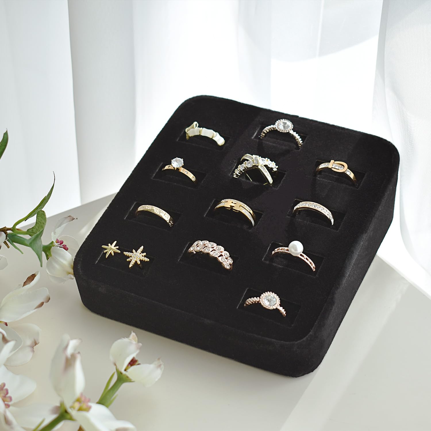 MOOCA 12 Slot Ring Display Tray - Velvet Jewelry Organizer Stand for Rings, Earrings & Bracelets - Perfect for Home, Trade Shows & Retail Store Showcases - Black Velvet Jewelry Display Case