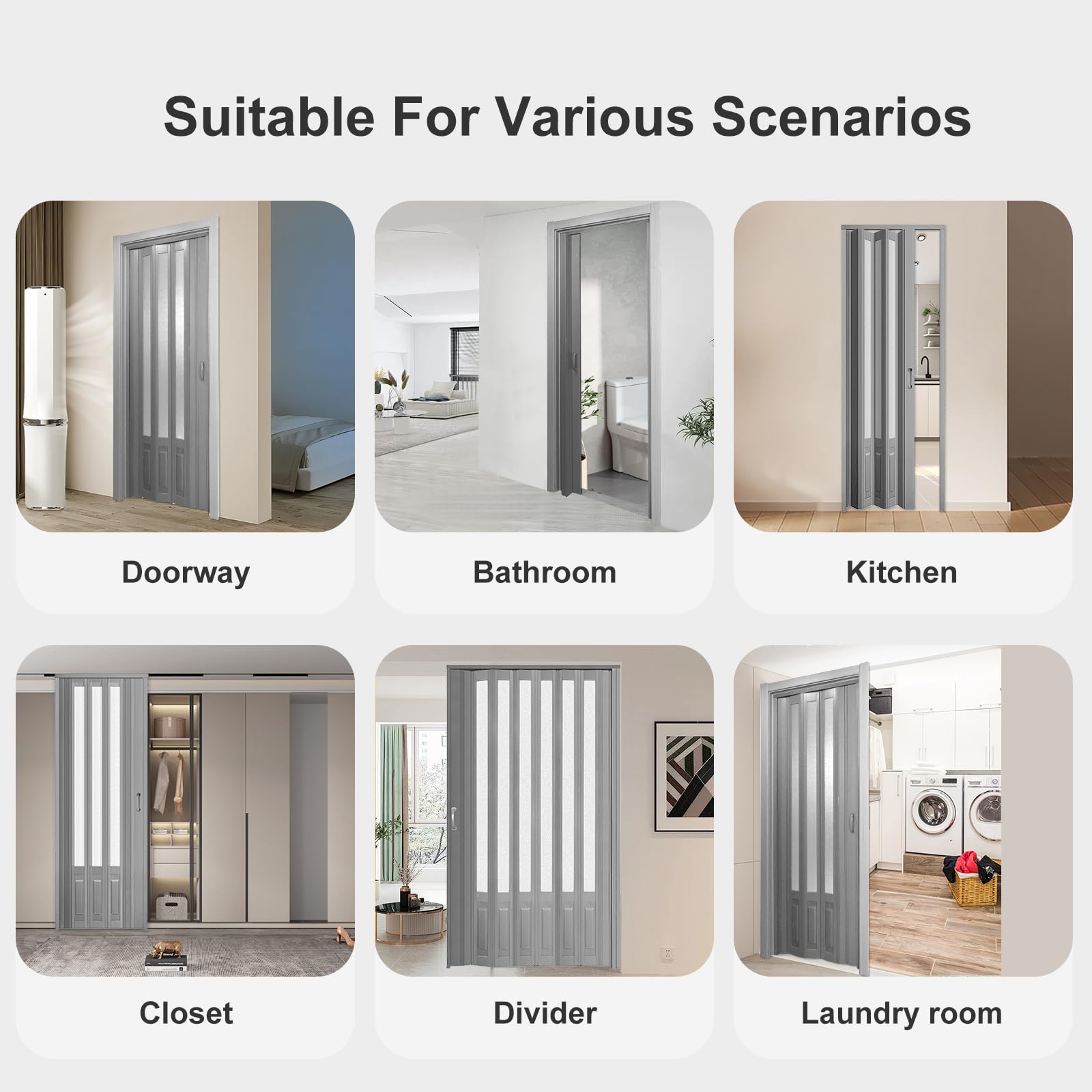 48x96 Inch Grey PVC Accordion Folding Door with Acrylic Glass & Mounting Hardware - Multi-Fold Closet Door for Bedroom, Office & Storage Spaces
