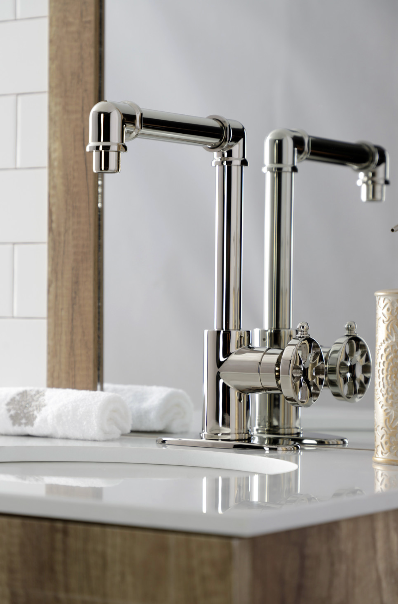 Belknap Single Handle 1 Hole Deck Mount Bathroom Faucet with Push Pop Up Drain - Chrome Finish Modern Waterfall Spout for Vanity Sink - Perfect for Small Bathrooms and Powder Rooms