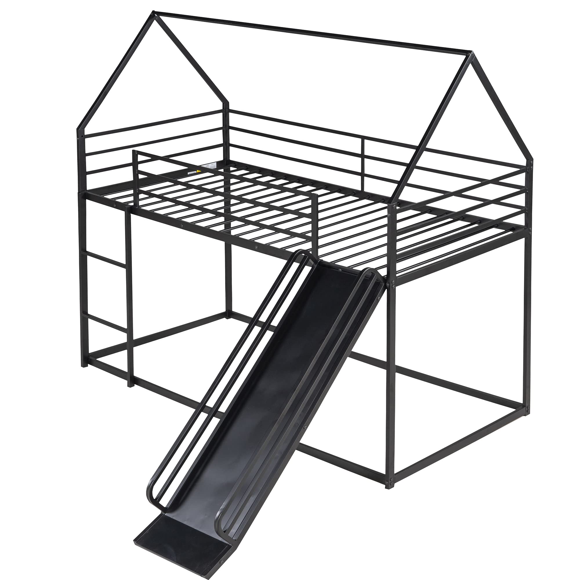 **Metal Bunk Beds with Slide for Kids - Twin Over Twin House Bunk Bed with Roof & Built-in Ladder - Space-Saving Loft Bed for Boys, Girls & Toddlers - Perfect for Small Bedrooms, Playrooms & Sleepovers (Black)**