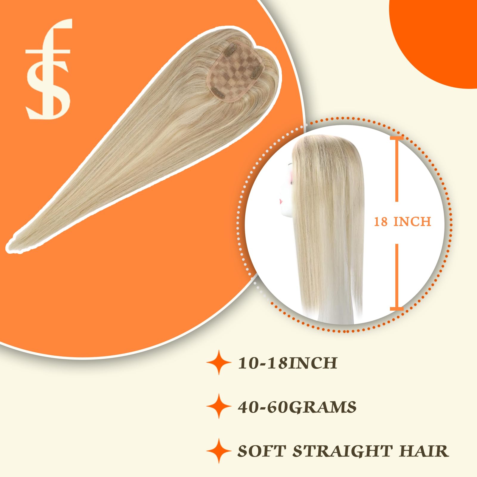 Full Shine Human Hair Toppers for Women with Thinning Hair - 16 Inch Clip-in Hairpiece (Color 18P613 Ash Blonde & Blonde) | Natural Looking Hair Topper for Volume & Coverage - Perfect for Daily Wear, Special Occasions & Hair Loss Solutions