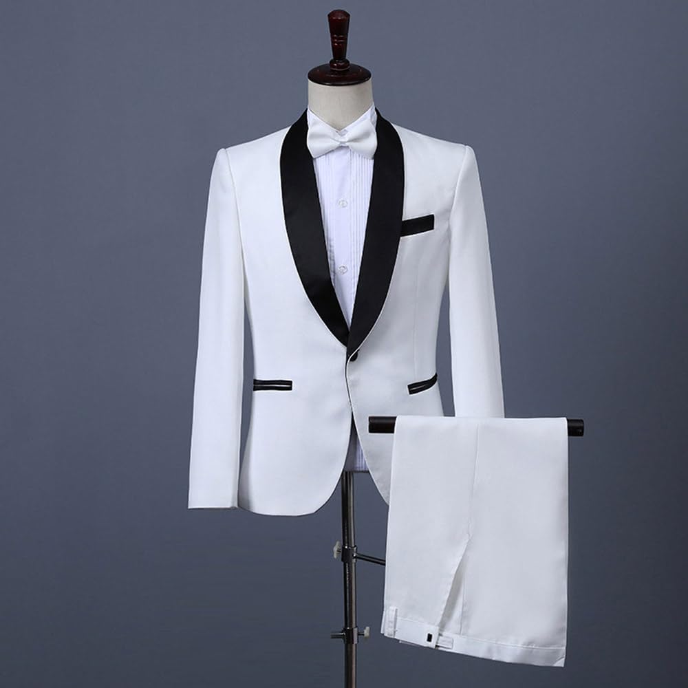 Men's Black Curved Collar White Tuxedo Dress Suit with White Pants & Tie - Elegant Formal Wear for Weddings, Prom & Special Occasions