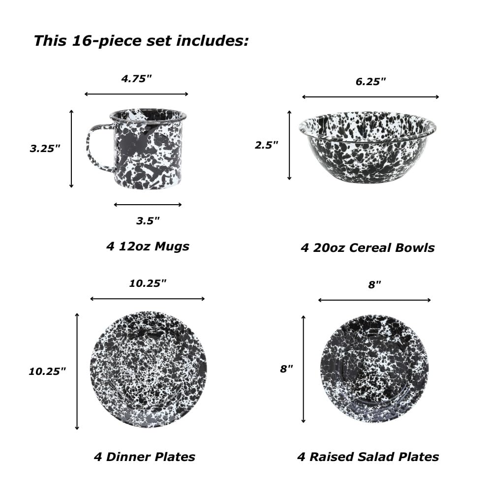 16-Piece Enamelware Starter Set - Black & White Splatter Design - Durable Kitchenware for Camping, Picnics & Outdoor Dining