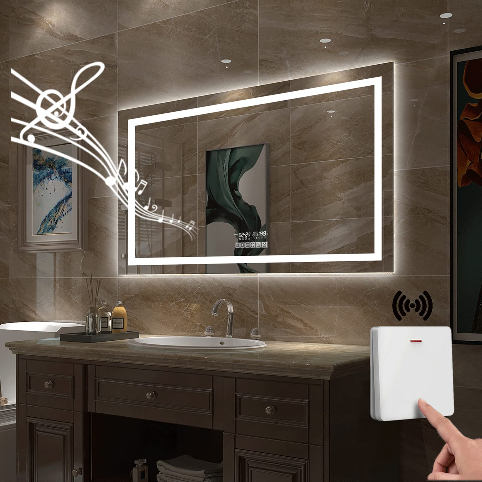 GESIPOR 40x32 Inch LED Bathroom Mirror with Wireless Speaker, Dimmable Backlit Vanity Mirror - Wall Mounted Anti-Fog Smart Mirror with 3000K/6000K Lighting for Makeup & Shaving (Horizontal) | Perfect for Modern Bathrooms, Dressing Rooms & Vanity Areas