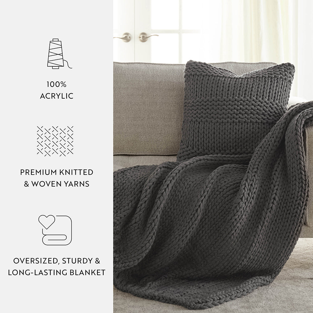 Chunky Knit Throw Blanket & Decorative Pillow Set with Insert - Soft Cozy Living Room Blanket for Couch, Bed, Sofa - Perfect for Winter Nights and Home Decor