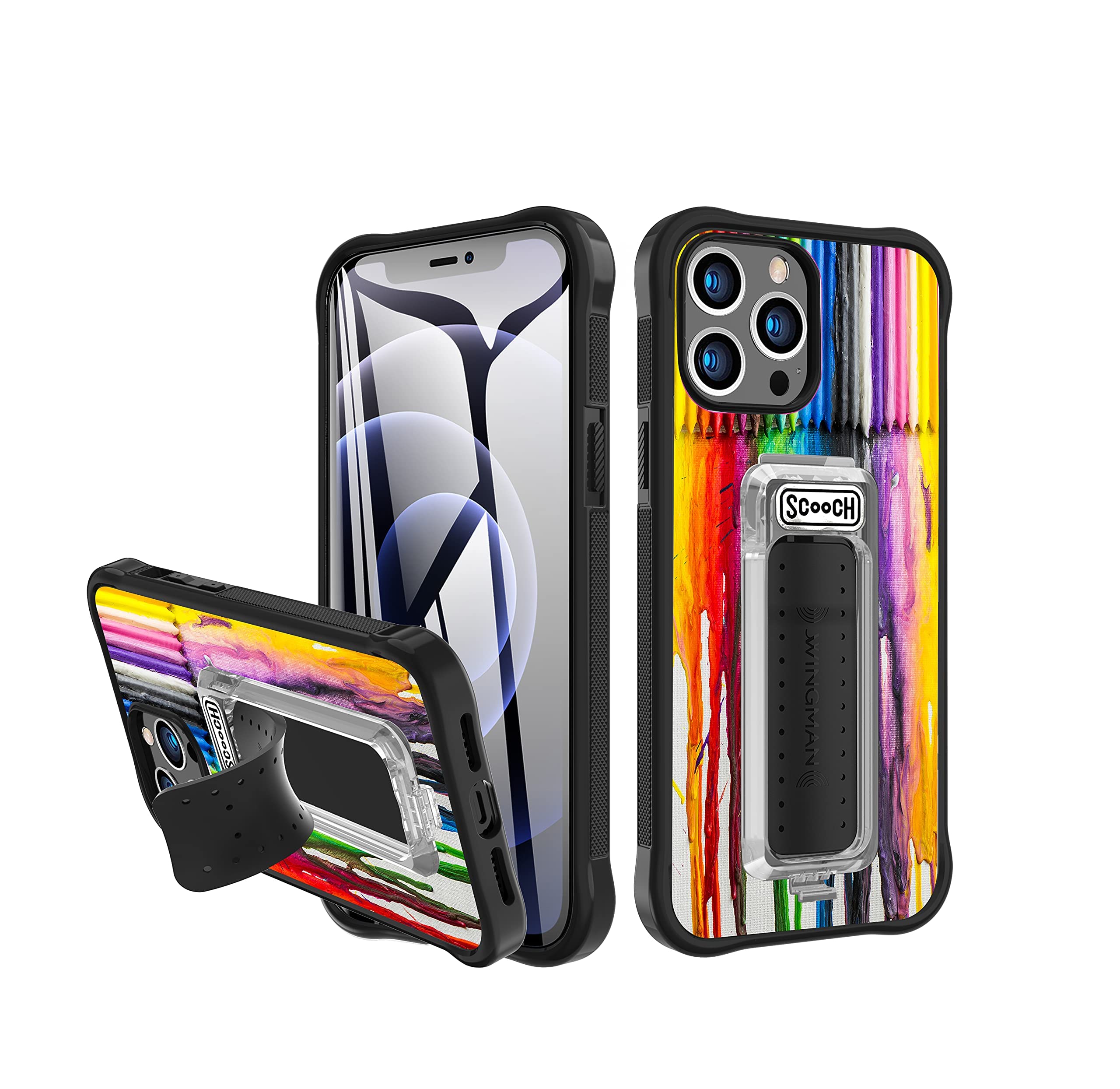 Scooch Wingman iPhone 13 Pro Case with Stand - Slim Protective Phone Cover with Kickstand, Grip & Car Vent Mount | 10ft Drop Protection | Magnetic Car Mount Compatible | Perfect for Driving, Work & Everyday Use (Tuxedo/Melted Crayon)