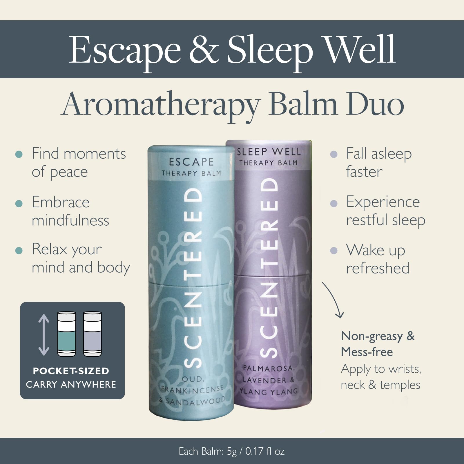 Scentered Aromatherapy Balm Stick Duo for Sleep & Meditation - Roll-On Essential Oil Blends with Oud, Lavender & Ylang Ylang - Natural Stress Relief & Relaxation - Perfect Aromatherapy Gift for Women - Use for Bedtime, Yoga & Travel