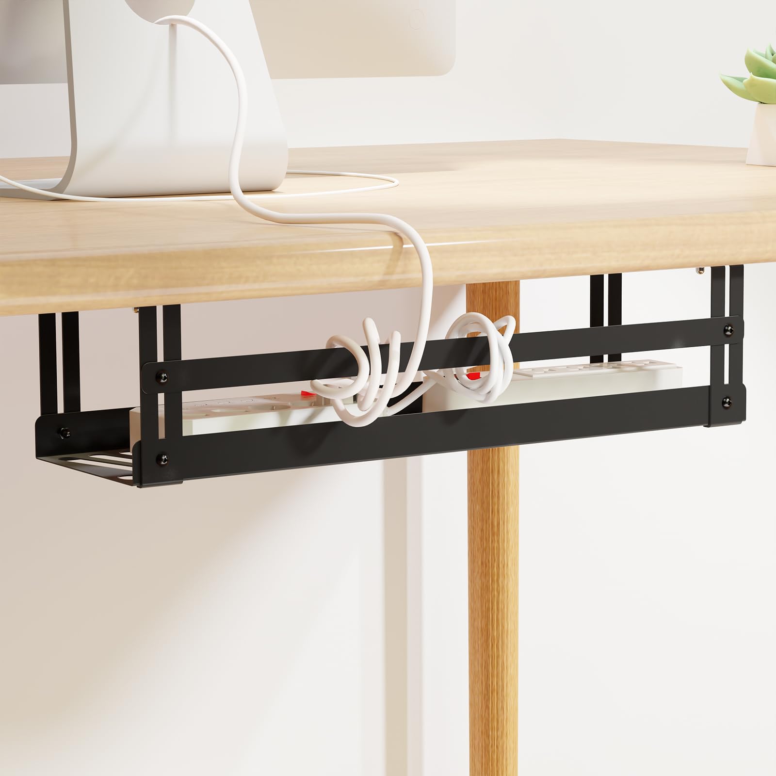 Under Desk Cable Management Tray - 17 Inch Metal Wire Organizer with Power Strip Holder, Cord Hider for Home Office Desk - Keep Workspace Neat & Tangle-Free for Computers, Monitors & Electronics