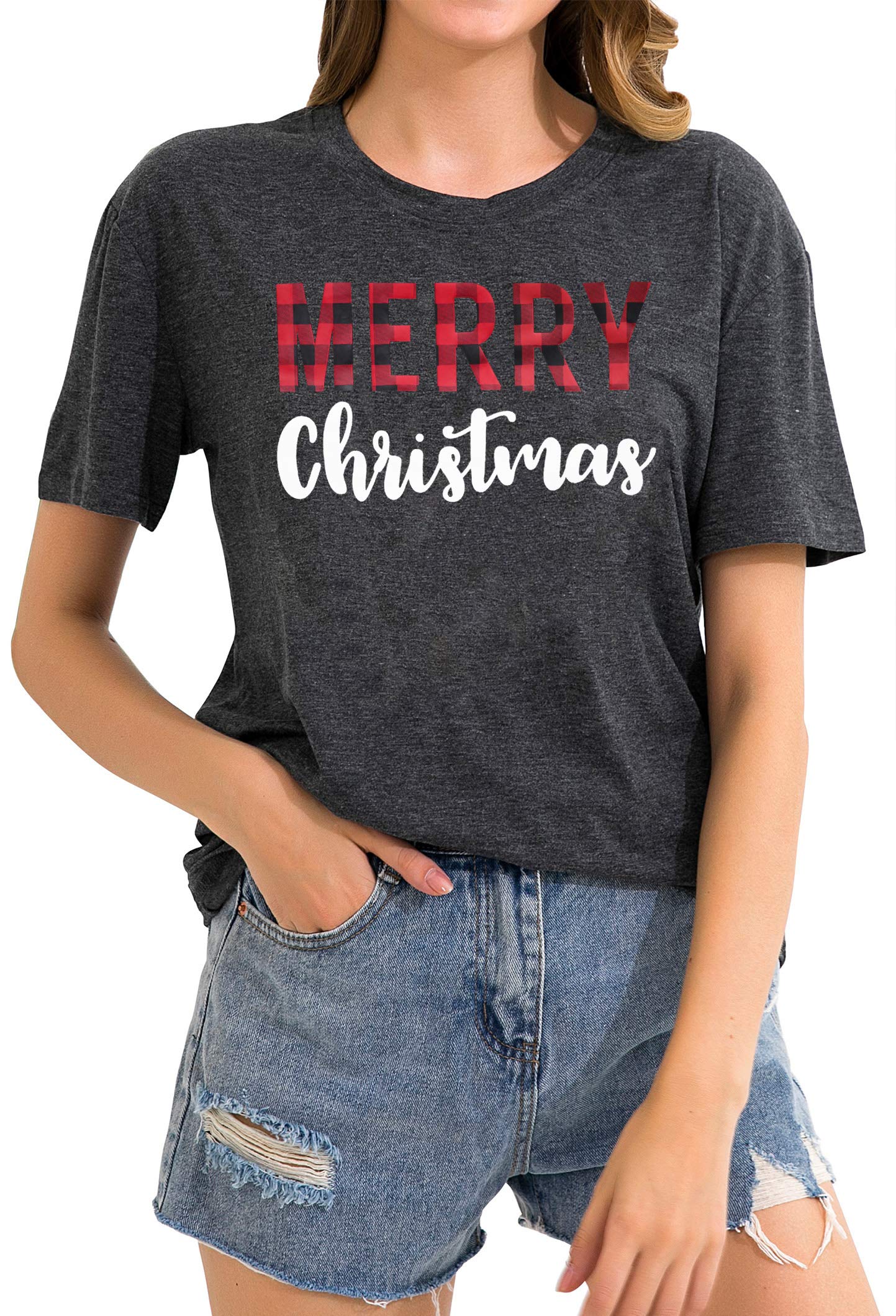 Women's Buffalo Plaid Christmas T-Shirt - Holiday Letter Print Tee Top for Xmas Party & Family Gatherings