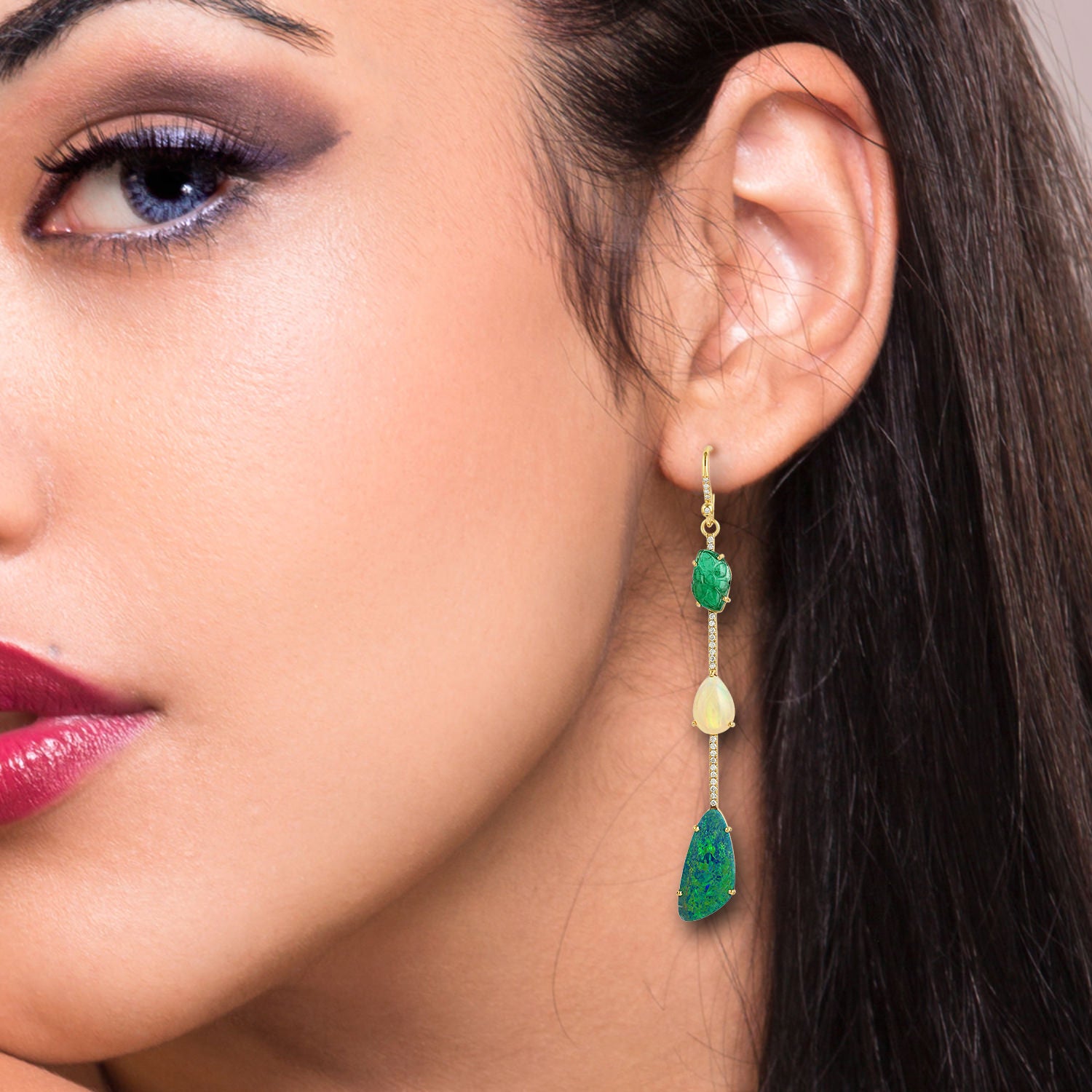 Exquisite Carved Emerald Opal Doublet & Ethiopian Pave Diamond Gold Ear Hook Earrings - Perfect for Weddings, Parties & Special Occasions