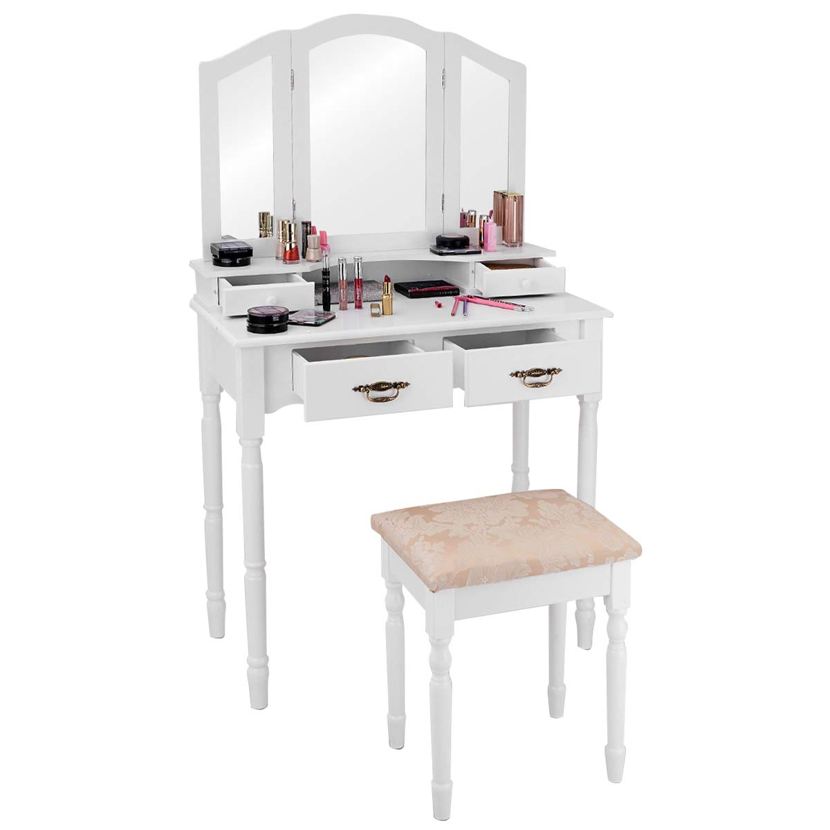 Giantex White Vanity Set with Stool - Makeup Dressing Table with 4 Drawers, Tri-Folding Mirror & Padded Seat - Large Mirrored Vanity Desk for Bedroom, Bathroom (Perfect for Makeup Application, Hair Styling & Home Decor)