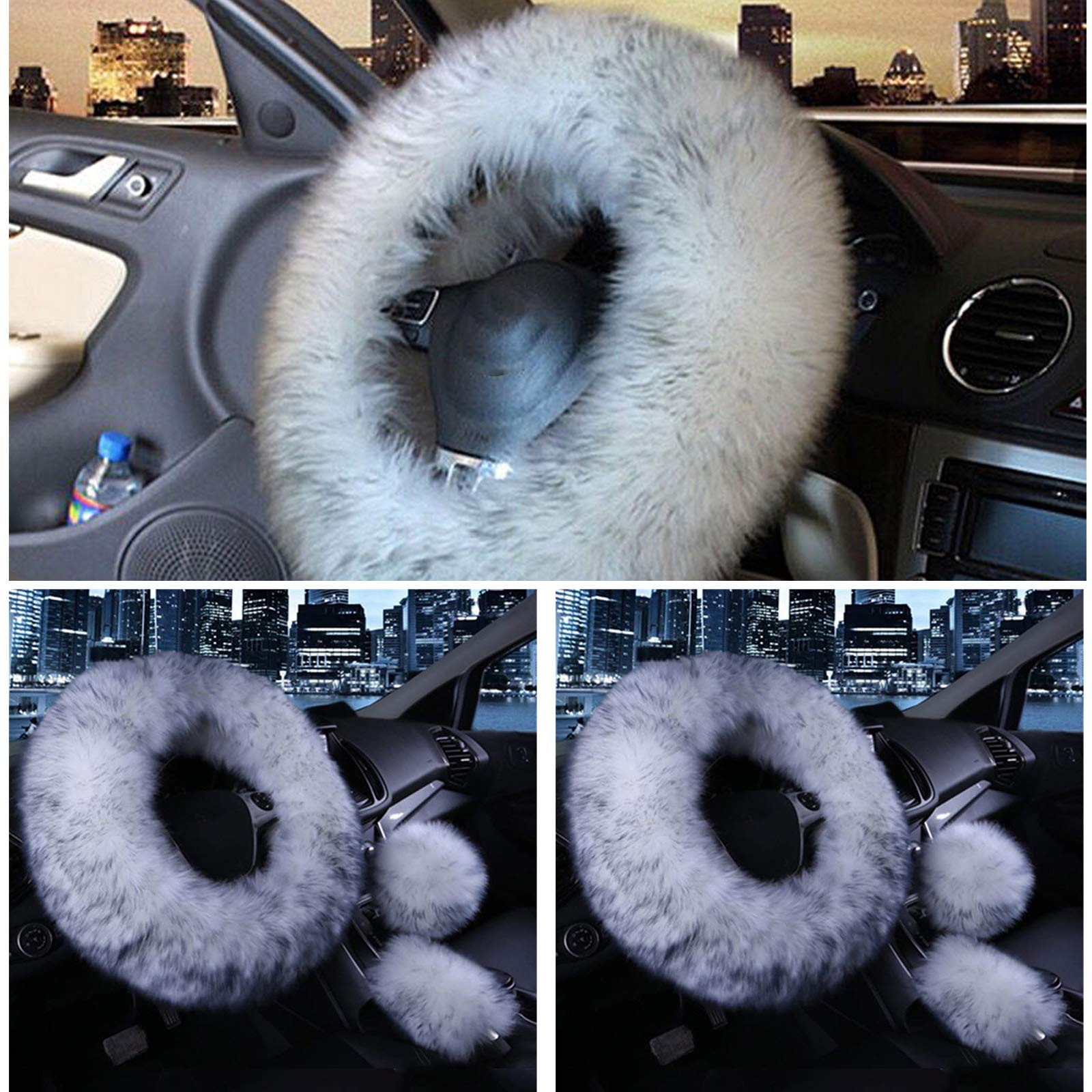 3 Pcs Car Steering Wheel Cover, Handbrake Cover & Gear Shift Cover Set - Soft Faux Wool Warm Winter Accessories (White & Gray) for Comfortable Driving in Cold Weather