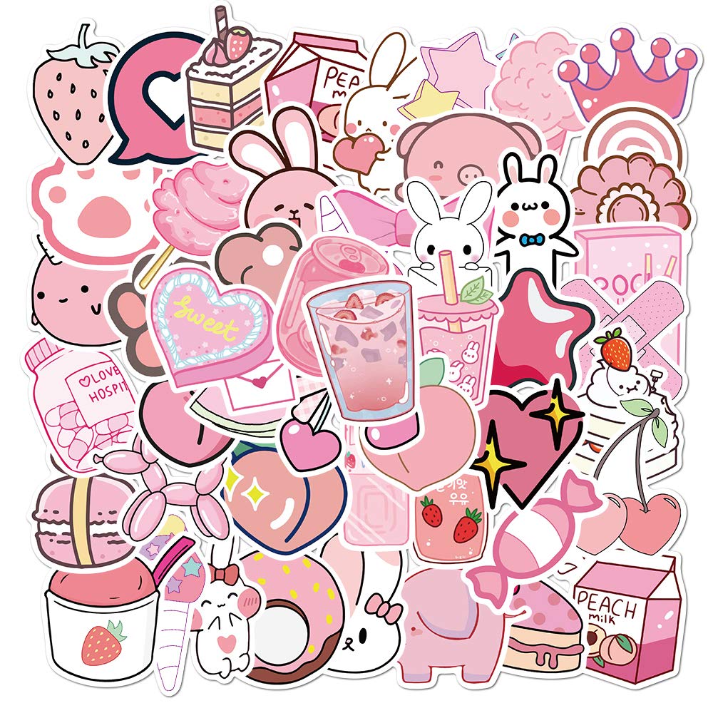 Tuqiso 50-Pack Cute Pink Waterproof Vinyl Stickers - Aesthetic VSCO Decals for Hydro Flask, Water Bottles, Laptops, Skateboards & Luggage - Perfect for Teens, Girls & Kids Room Decor, School Supplies & Travel Accessories