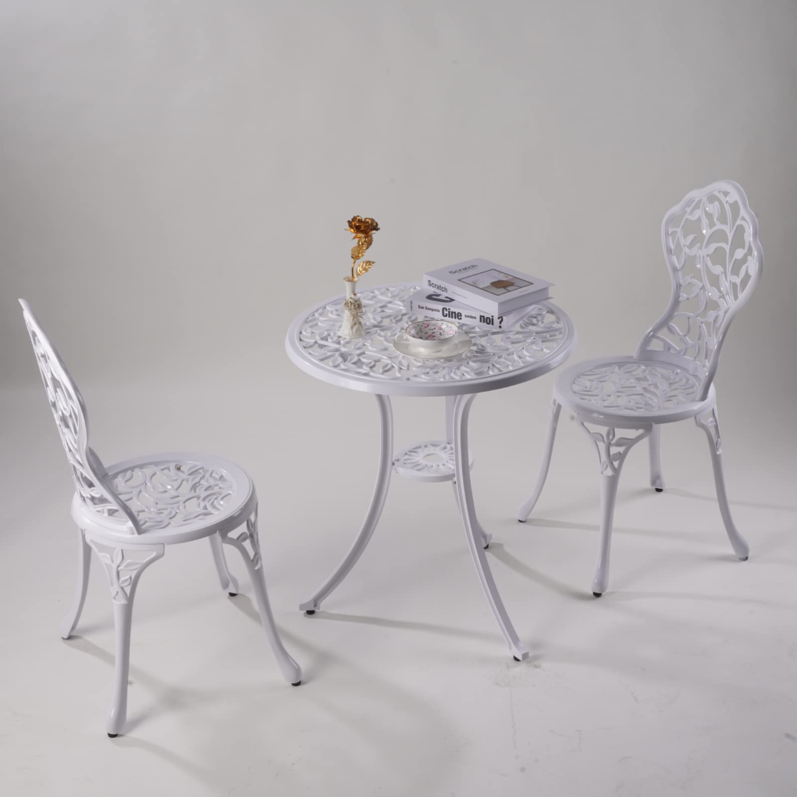 KAILI 3-Piece Patio Bistro Set - White Cast Aluminum Outdoor Dining Table and Chairs - Rust-Proof Garden Furniture for Backyard, Balcony & Poolside Relaxation