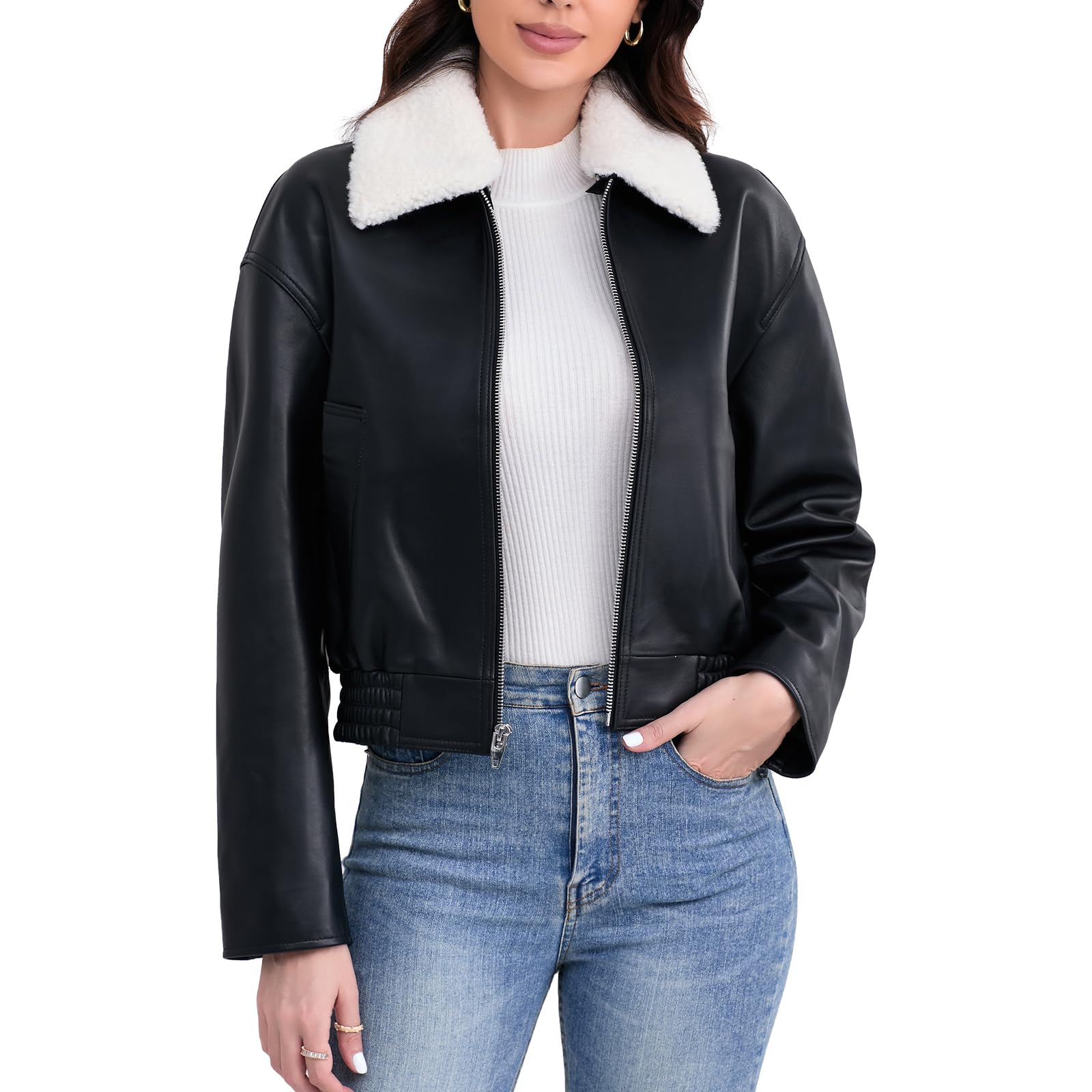Women's Cropped Lambskin Leather Bomber Jacket with Removable Sherpa Collar - Zip Front, Elastic Hem - Stylish Outerwear for Casual Wear & Night Out