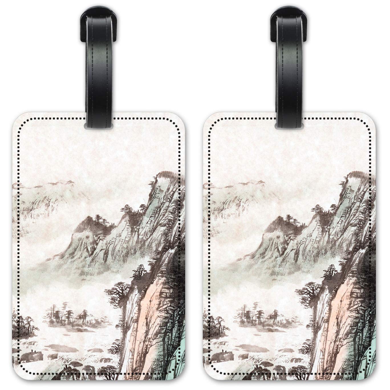 Premium Black & White Mountain Painting Luggage ID Tags - Set of 2 Durable Suitcase Identification Cards for Travel - Perfect for Airports, Cruise Ships & Business Trips
