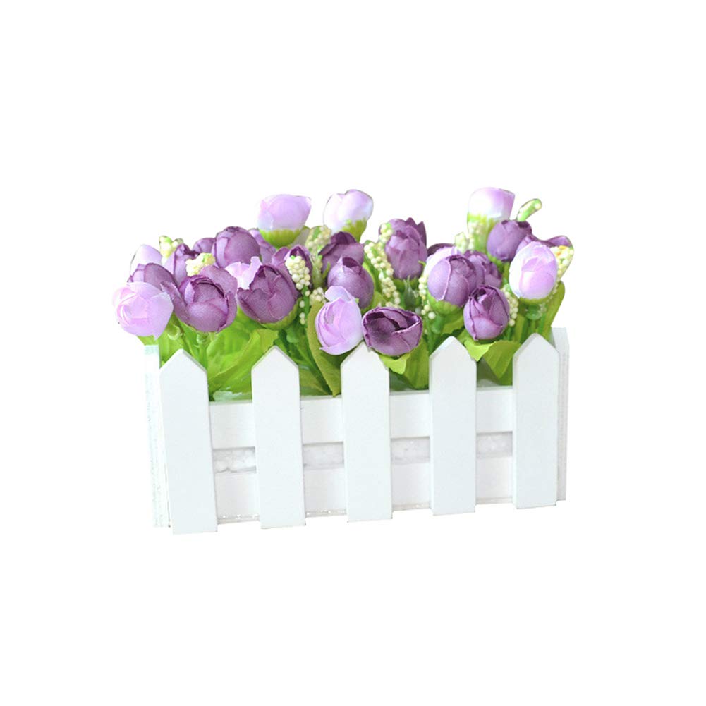 Meideli Artificial White Rose Flowers in Wooden Picket Fence - Fake Plants for Home Office Wedding Party Decor (Purple) | Perfect for Table Centerpieces, Garden Decor, and Indoor Floral Arrangements
