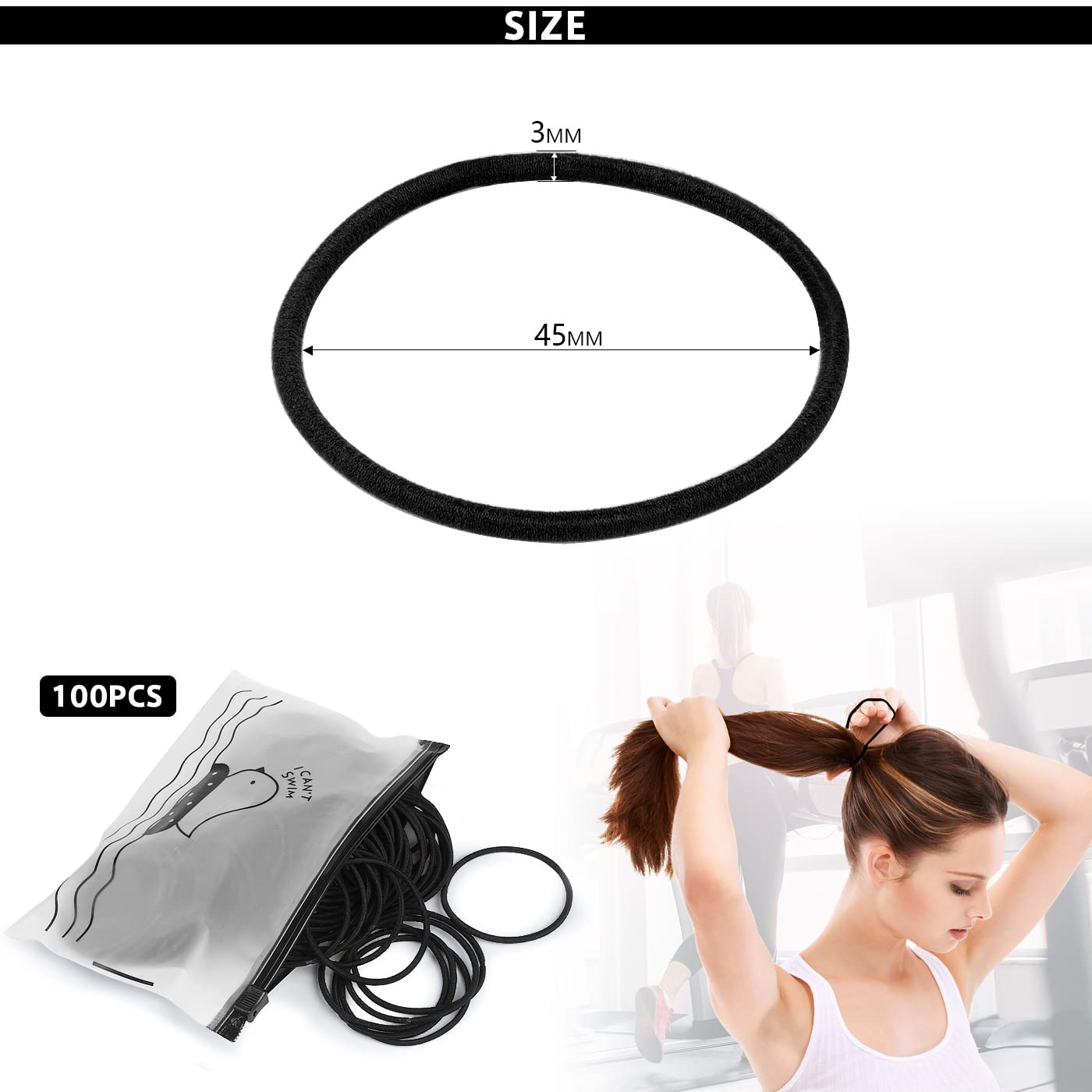 100 PCS Black Elastic Hair Bands - No Metal Ponytail Holders for Women, Men, Girls & Kids | Bulk Hair Ties for Daily Use, Sports, Work & School (Black)