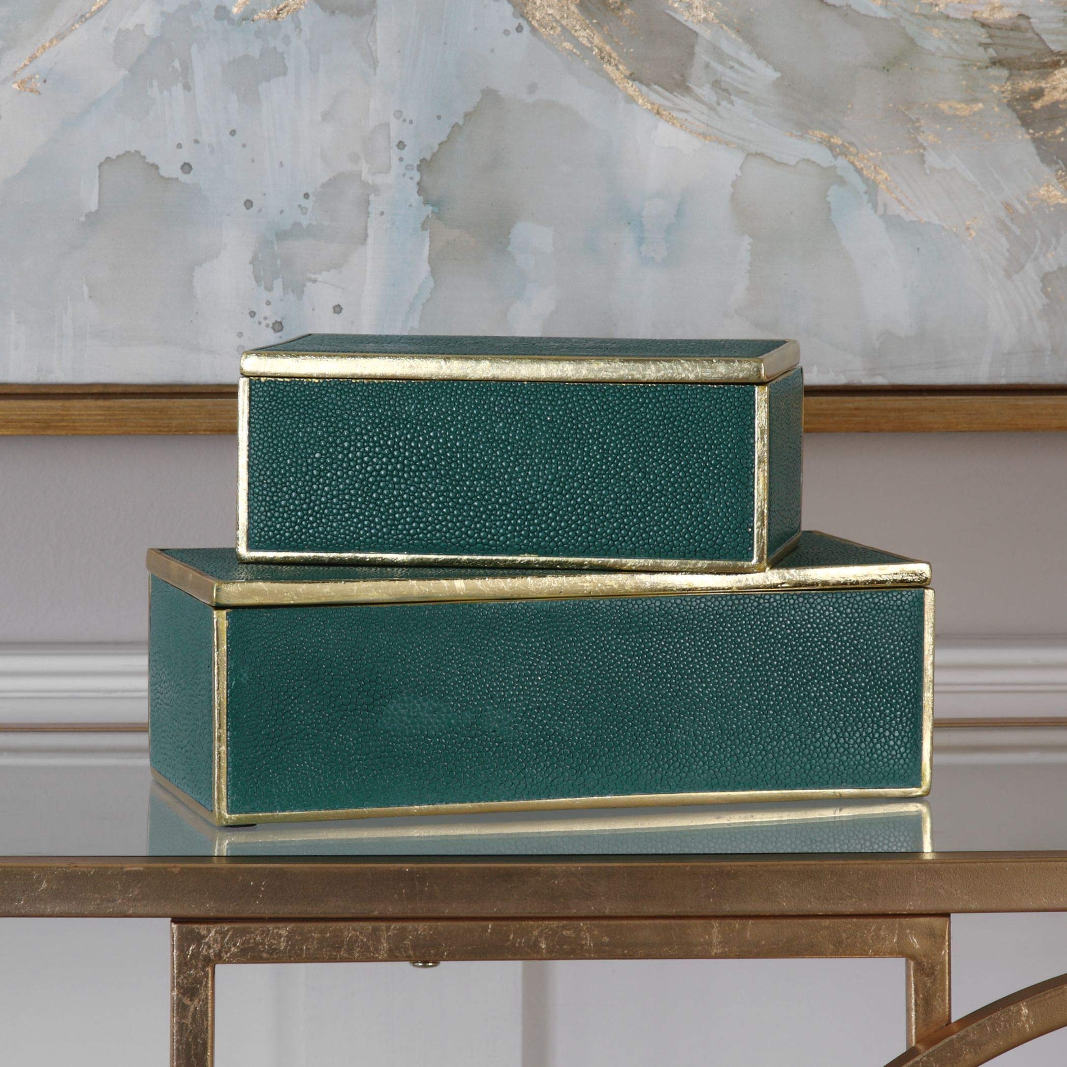 Emerald Green Jewelry Gift Boxes Set of 2 with Gold Accents - Elegant Resin Storage Case for Rings, Necklaces & Small Treasures - Perfect for Wedding Gifts, Bridesmaid Presents & Luxury Packaging