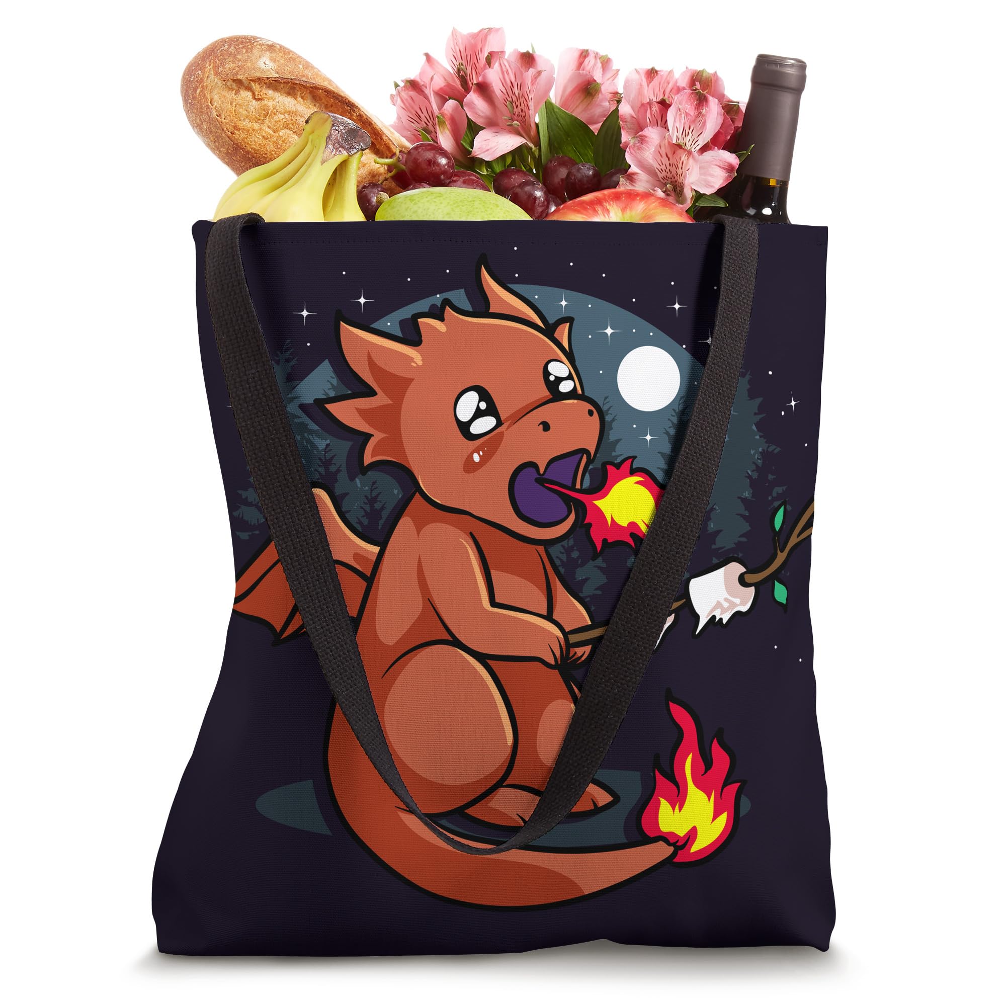 Fantasy Dragon Tote Bag - Cute Baby Dragon Roasting Marshmallows in Forest Design for Fans | Perfect for Book Lovers, D&D Gamers & Fantasy Conventions