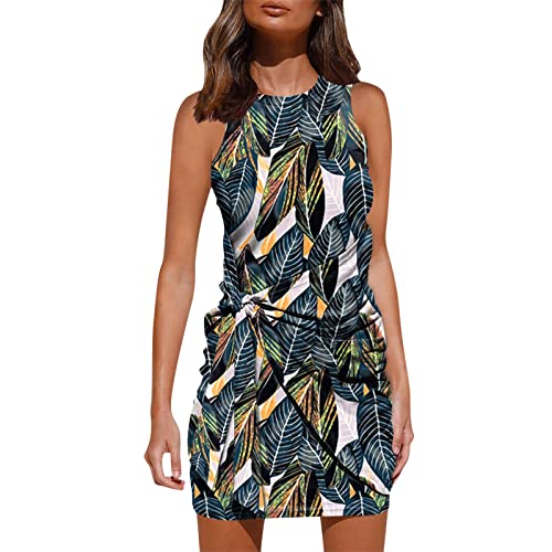 Women's Casual Summer Sleeveless Mini Dress - Round Neck Tie Waist Ruched Short Dress for Beach, Party & Vacation (Green, XXL)